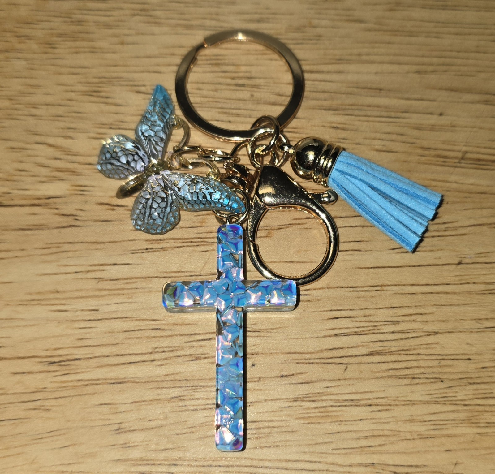 Resin Sparkle Blue Cross Butterfly And Tassel Purse Charm Keychain Bag Charm
