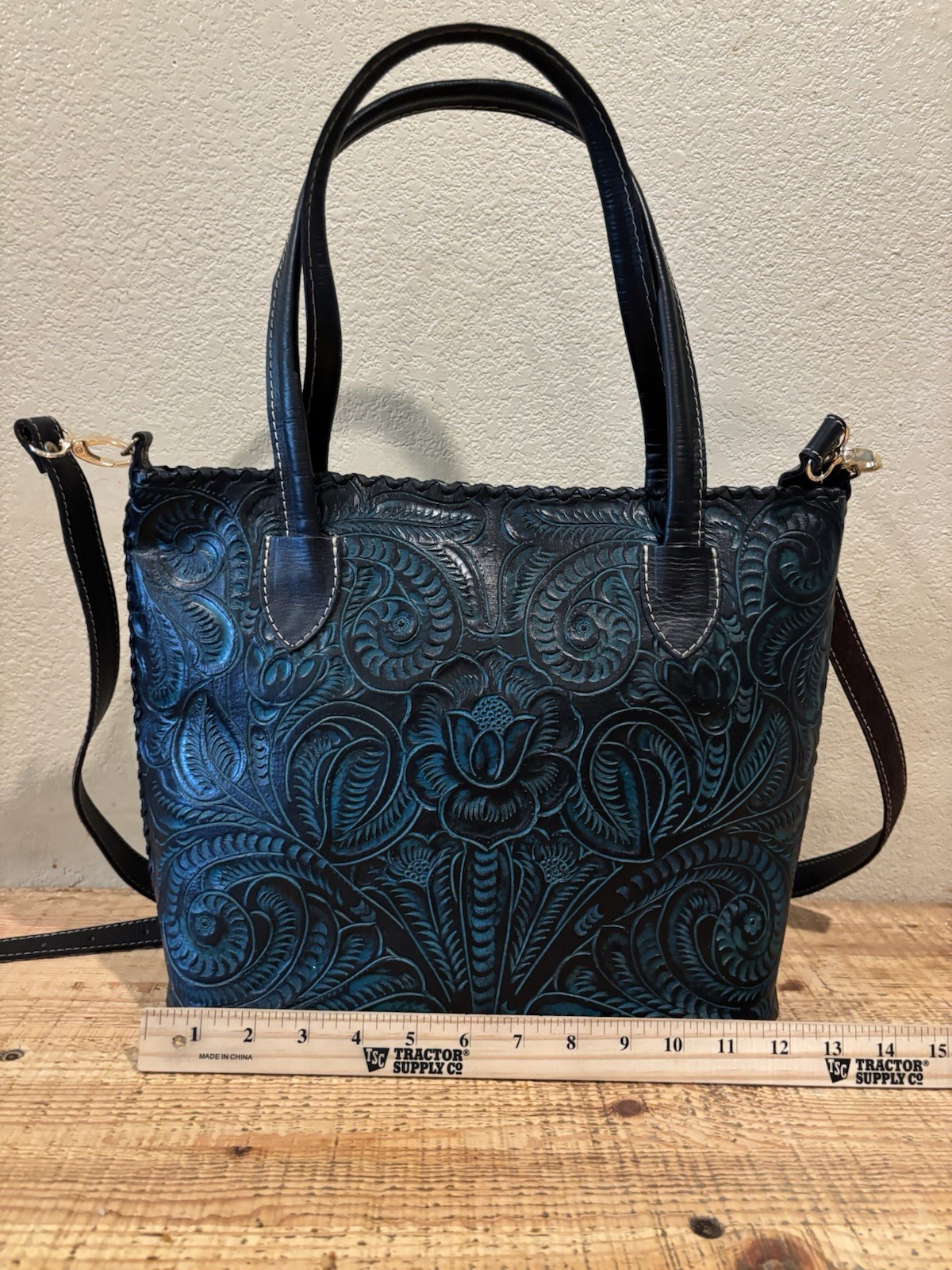 Tooled Floral Embossed Satchel Top Handle Bag Blue/Black Zip Gold Hardware