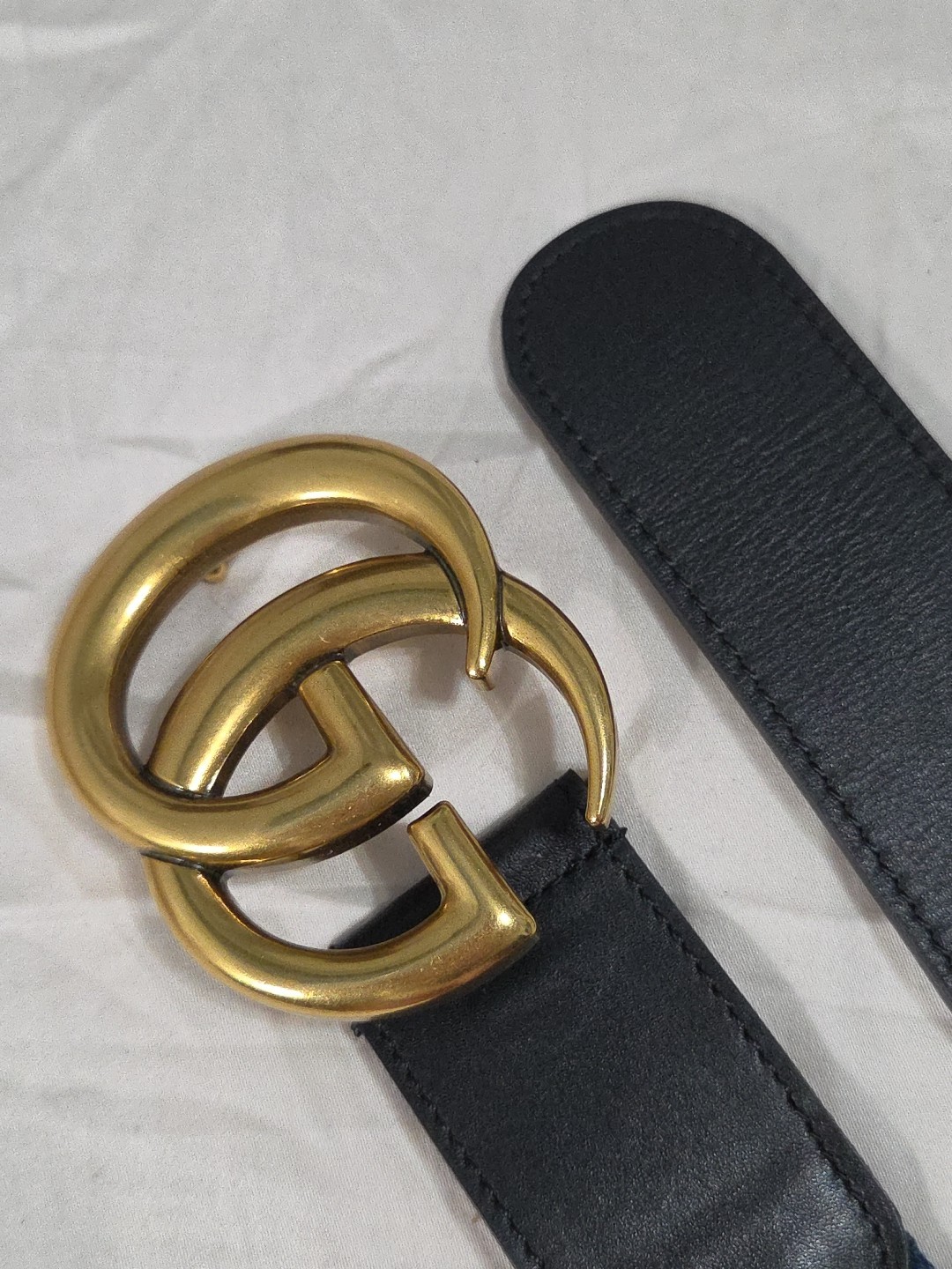 Gucci GG Brass Buckle Striped Navy Red Dress Belt Men’s 36-38 IT 105CM