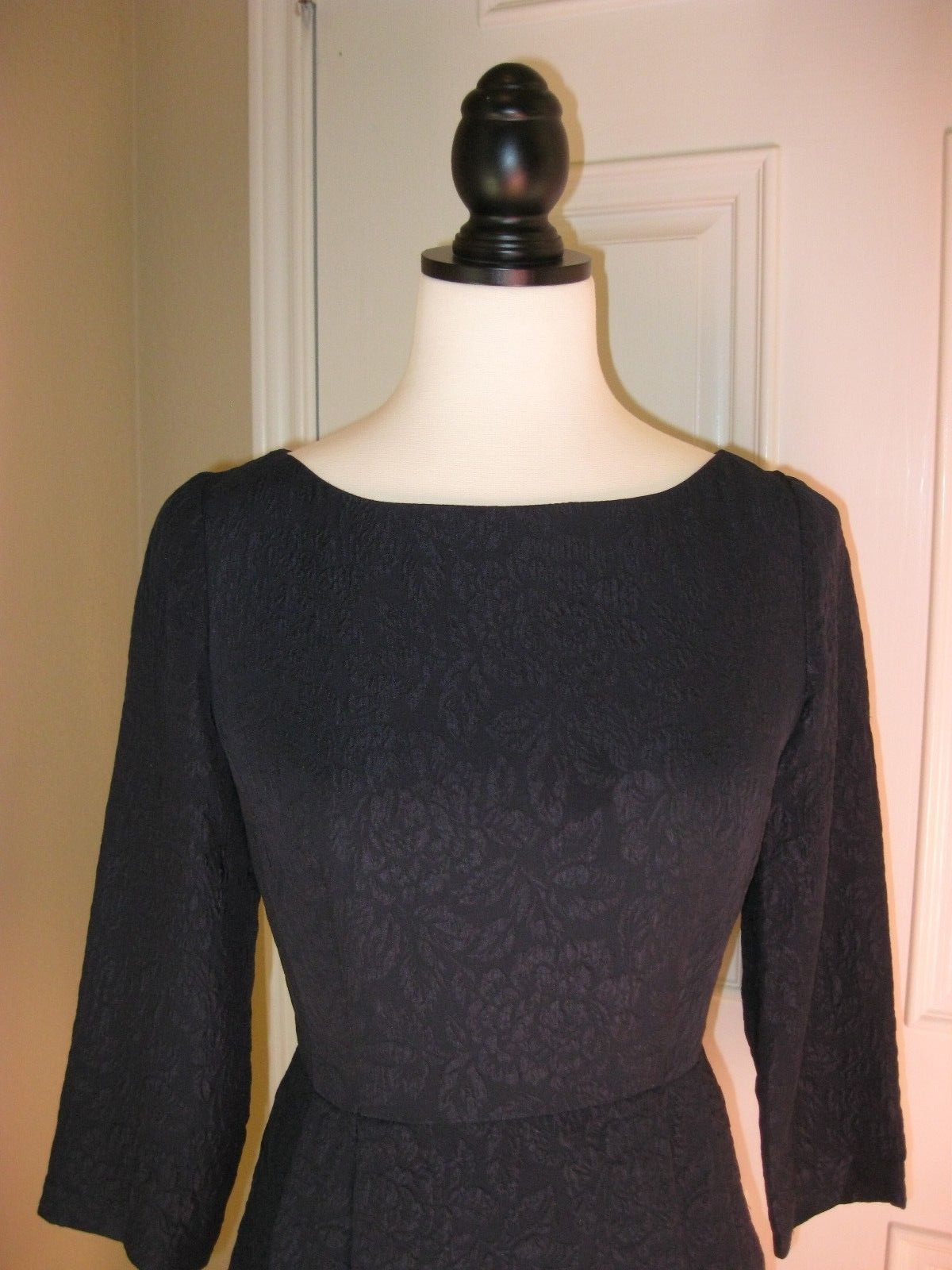 NANETTE LEPORE Navy Silk Tonal Jacquard Disco Jazz Peplum Dress ~ SZ 2