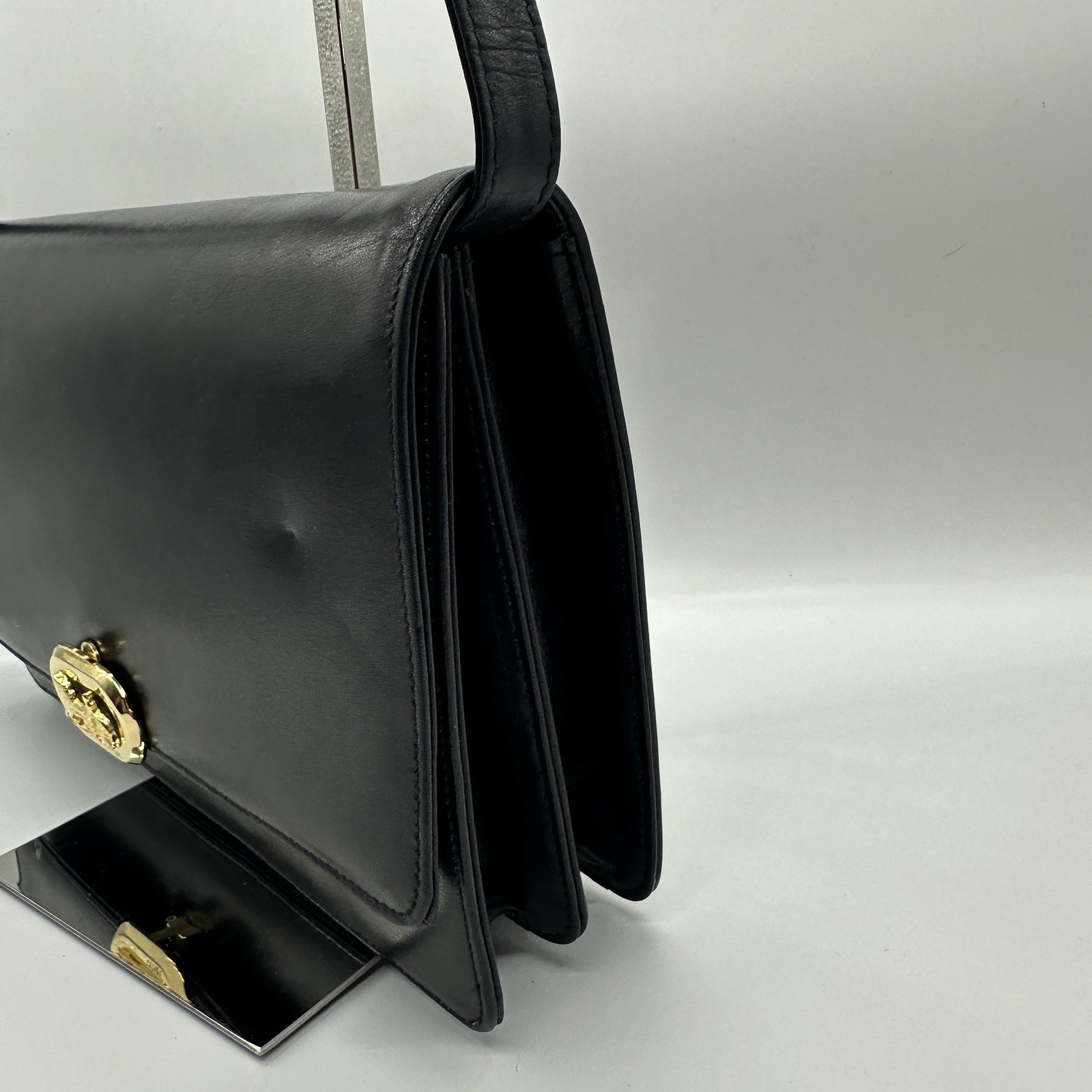 Celine Shoulder Bag Horse Carriage Vintage Black Gold Leather Purse Authentic!!