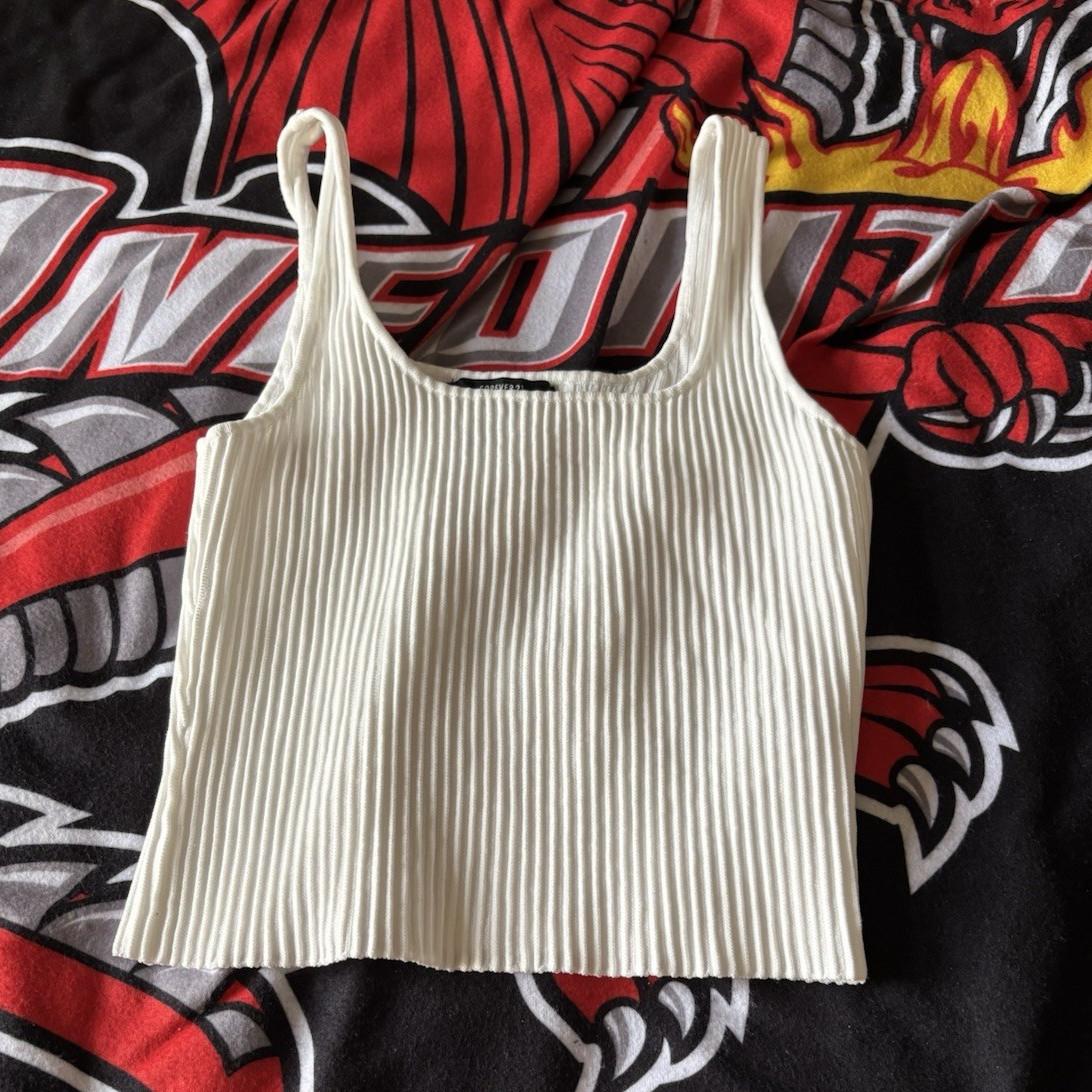 FOREVER 21 Ribbed Knit Square Neck Cropped Tank Top White Stretch Pullover S