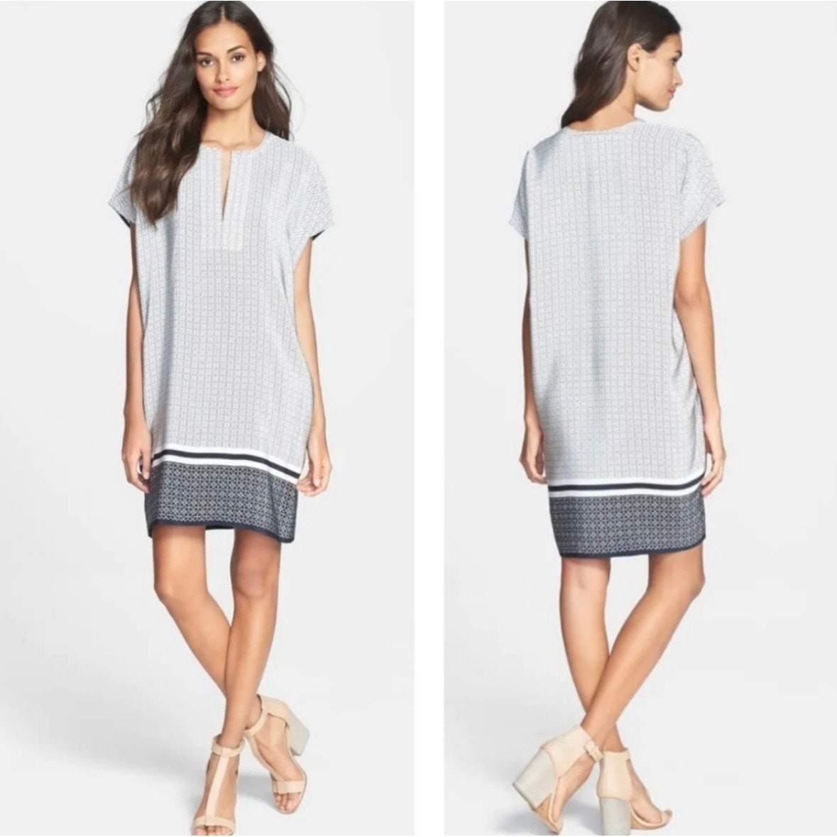 NEW Vince Silk Pockets Geo Trapunto Cap Sleeve Shift Tunic Dress Size Medium