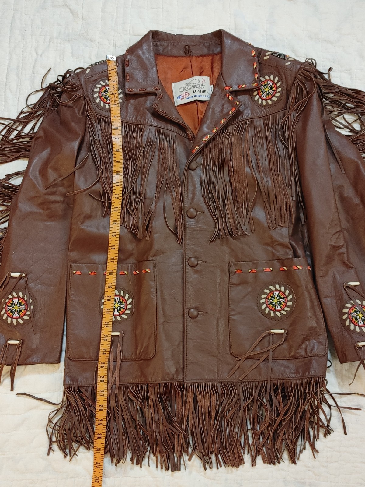 Vintage 70s Lariat Leather Fringe Jacket Beaded Western Cowboy Hippie Ranch USA