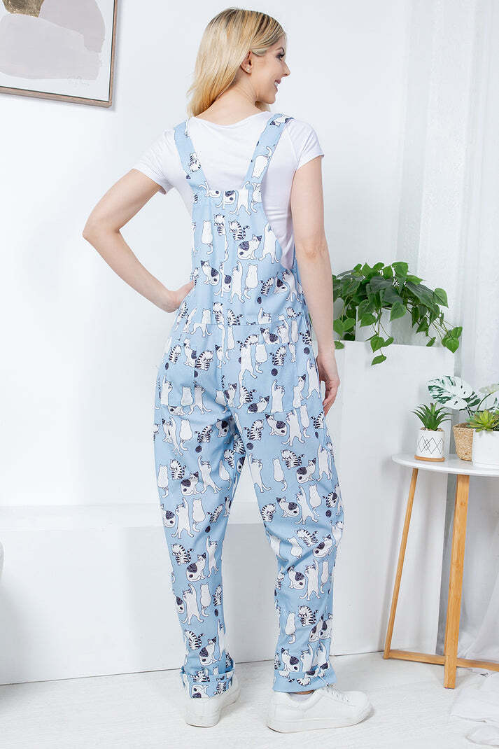 Dancing Cats Print Overall Jumpsuit Bib Colorful Comfy Casual Kittens Pet Kitty