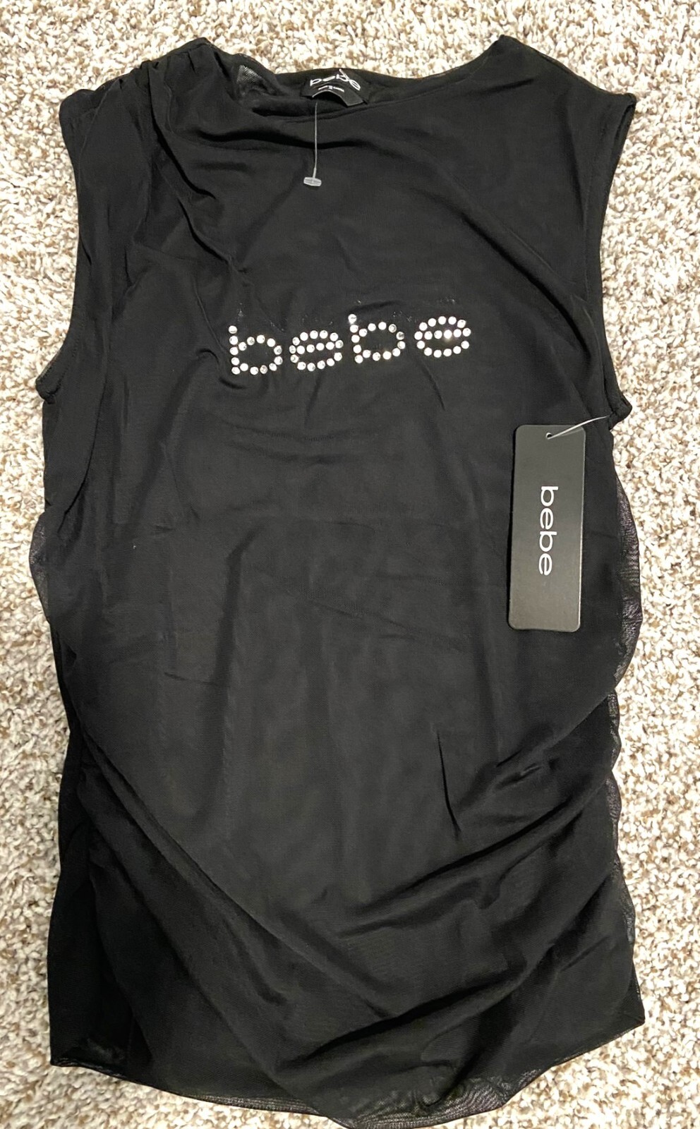 BEBE RHINESTONE LOGO Stretch TRANSPARENT Ruched Side Mesh Black Sz M $49