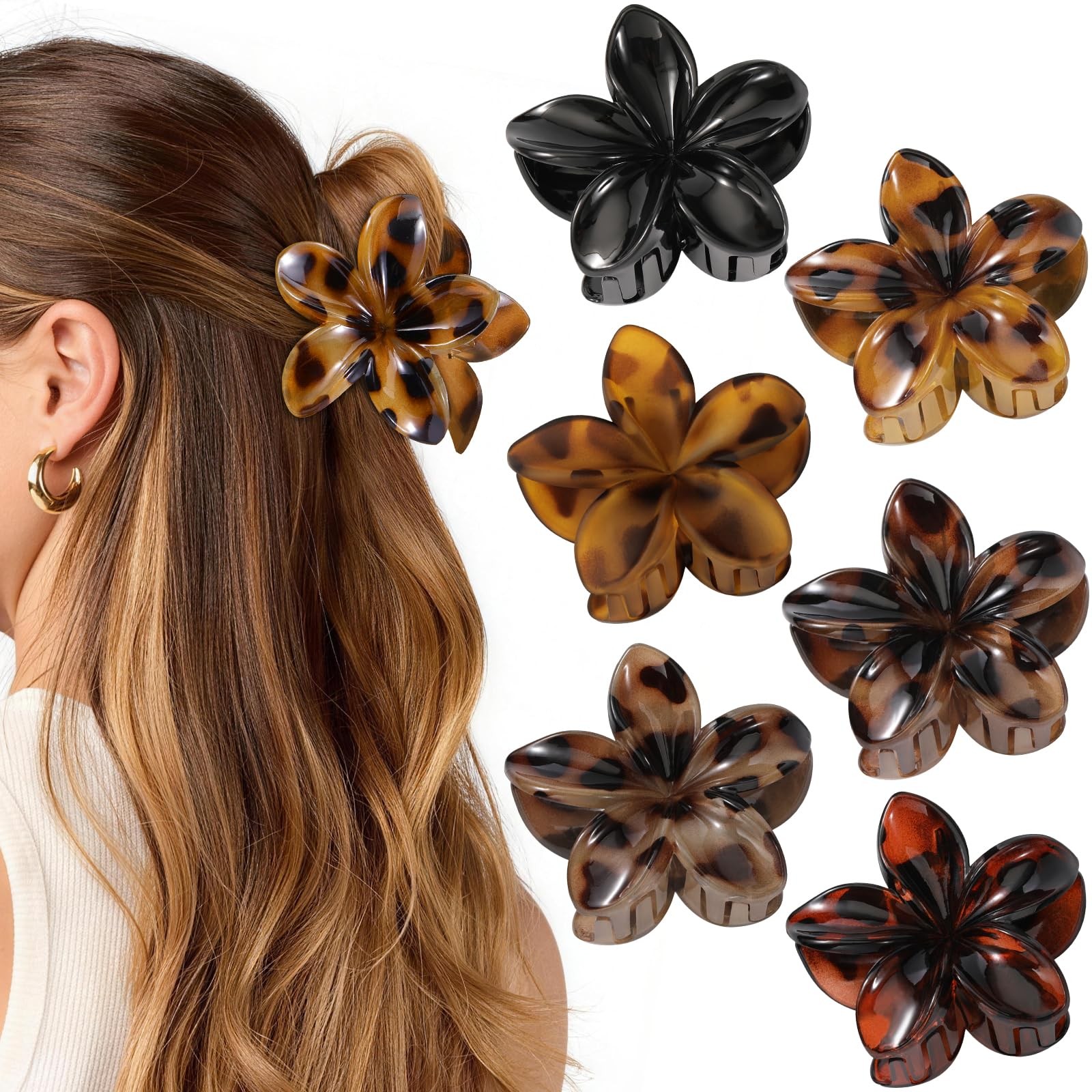 6 PCS Tortoise Flower Hair Clips for Women Girls, Large Hawaiian Multicolor