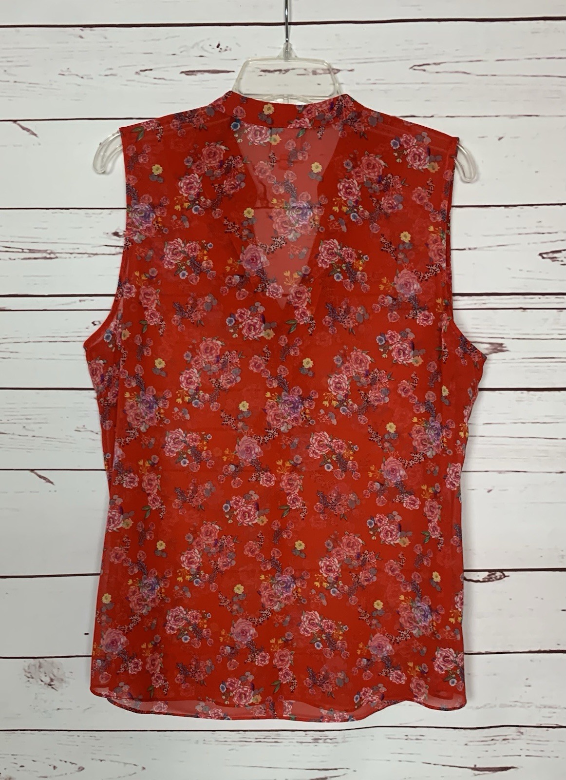 CAbi Women’s L Large Red Floral Ruffle Sleeveless Sheer Summer Top Blouse