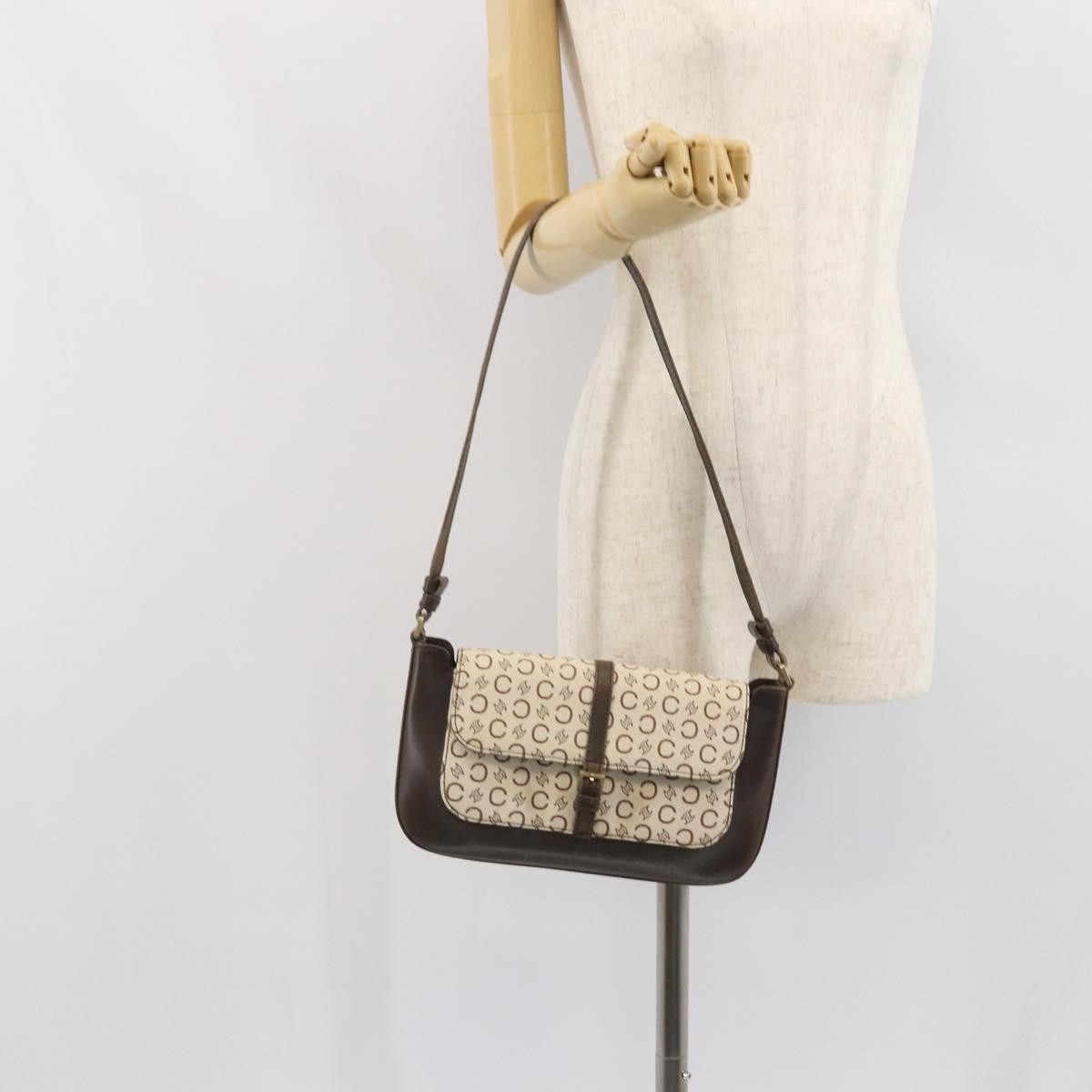 CELINE C Macadam Canvas Shoulder Bag Beige Gold Auth ep12930