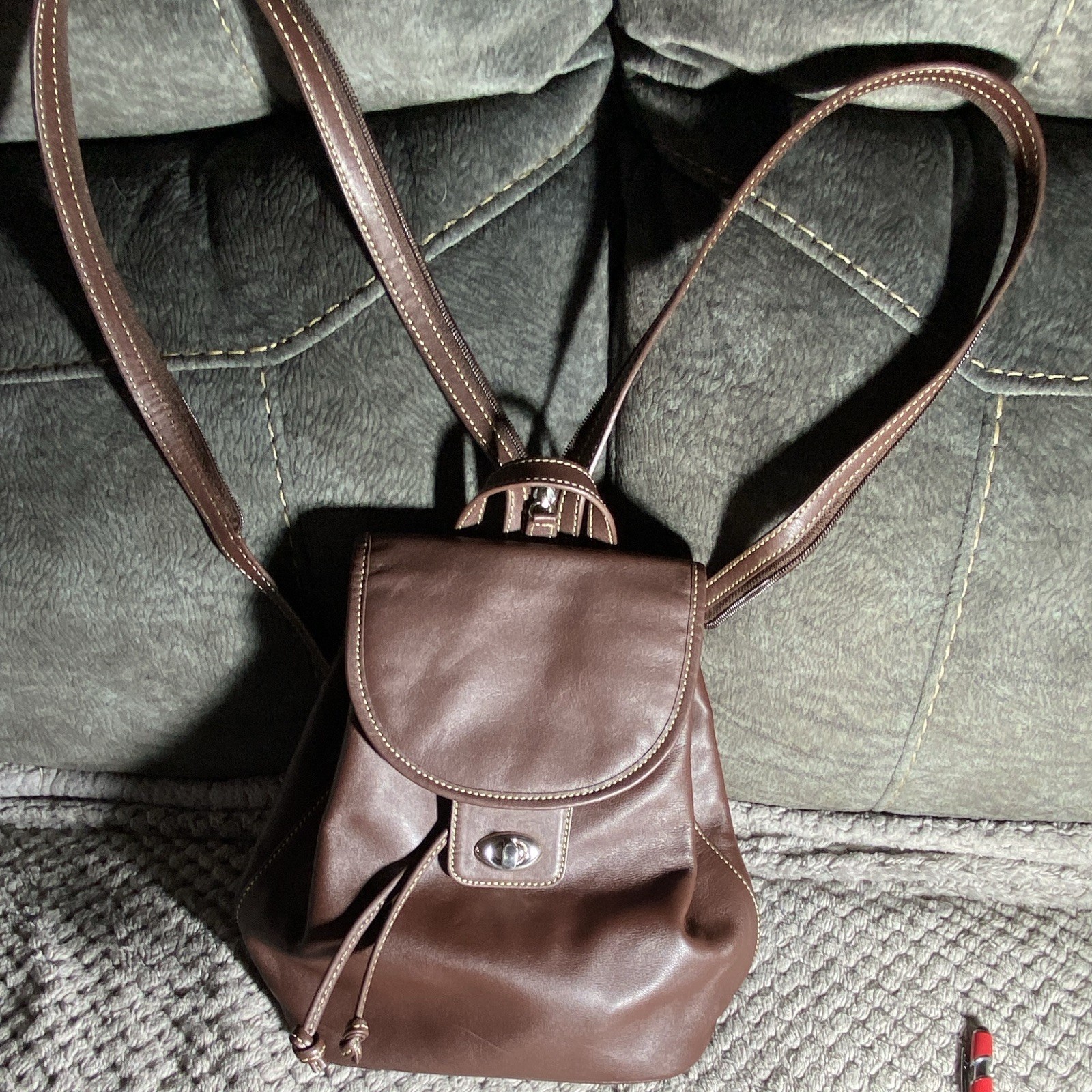 Preston & York Brown Drawstring Backpack, Turn Lock, Lined Inner Pockets