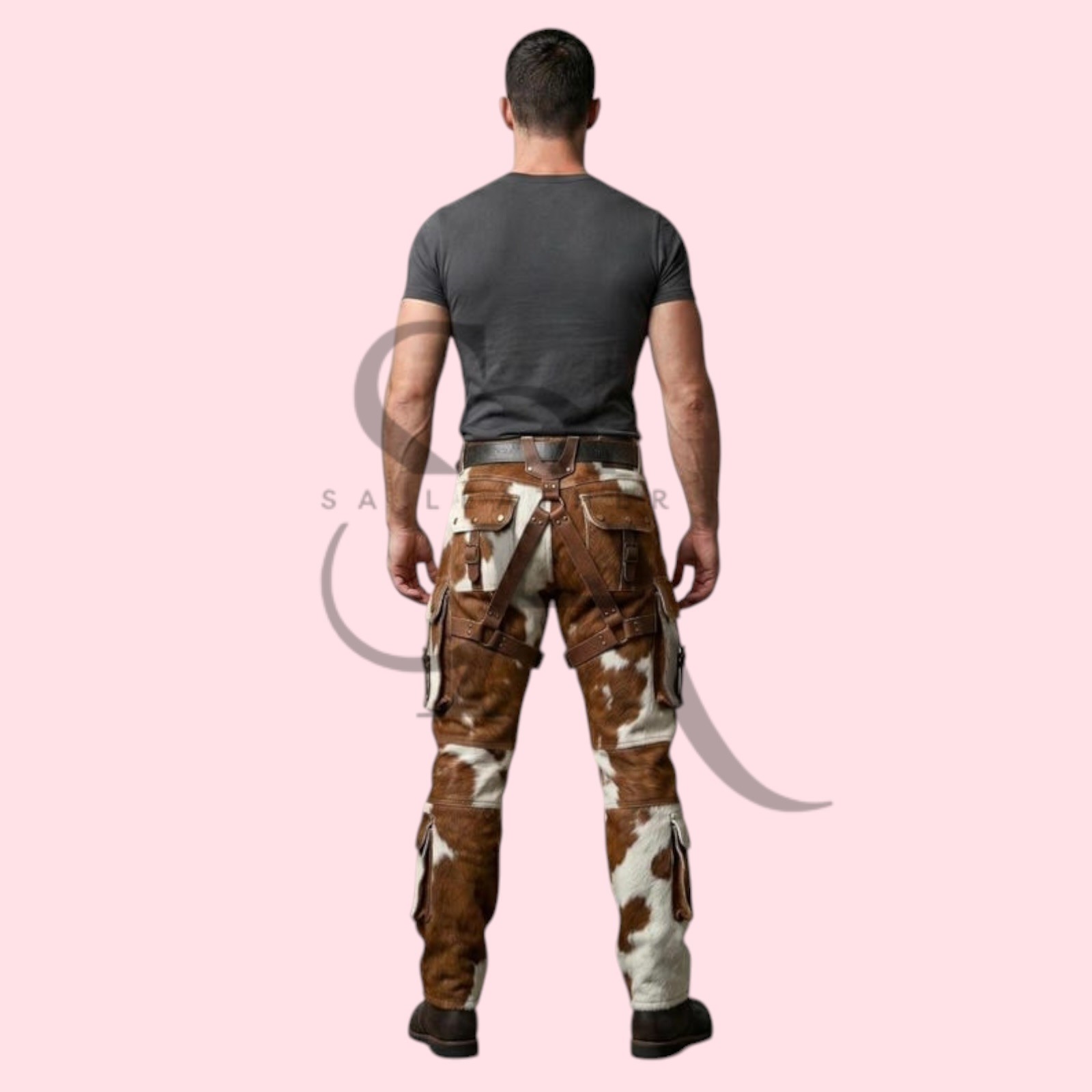 Men’s Real Brown & White Cowhide Leather Pants Hair On Hide Strapped Pants