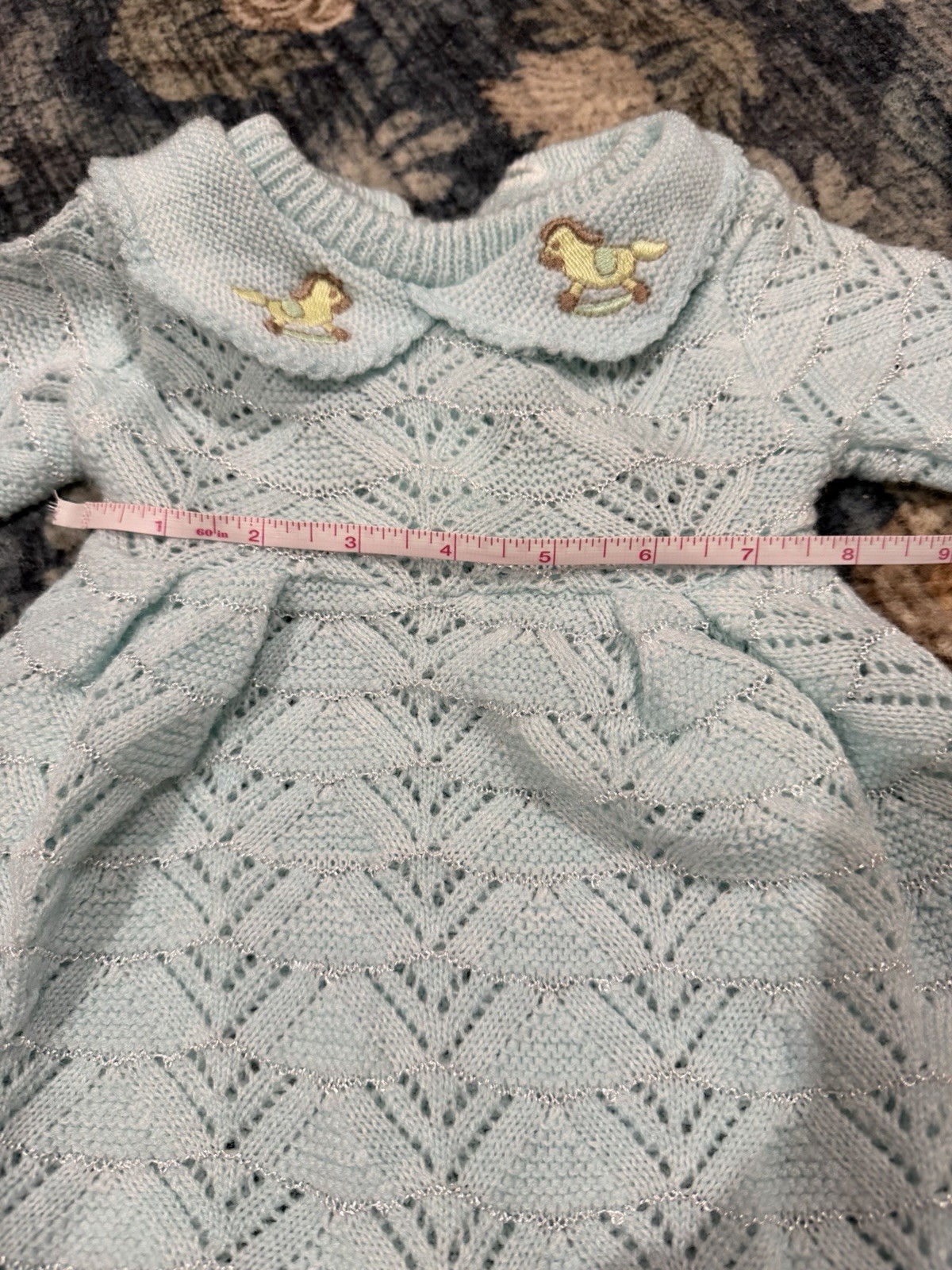 Blue Knit Collared One-Piece Romper 0-3M Long Sleeve Rocking Horse Embroidered
