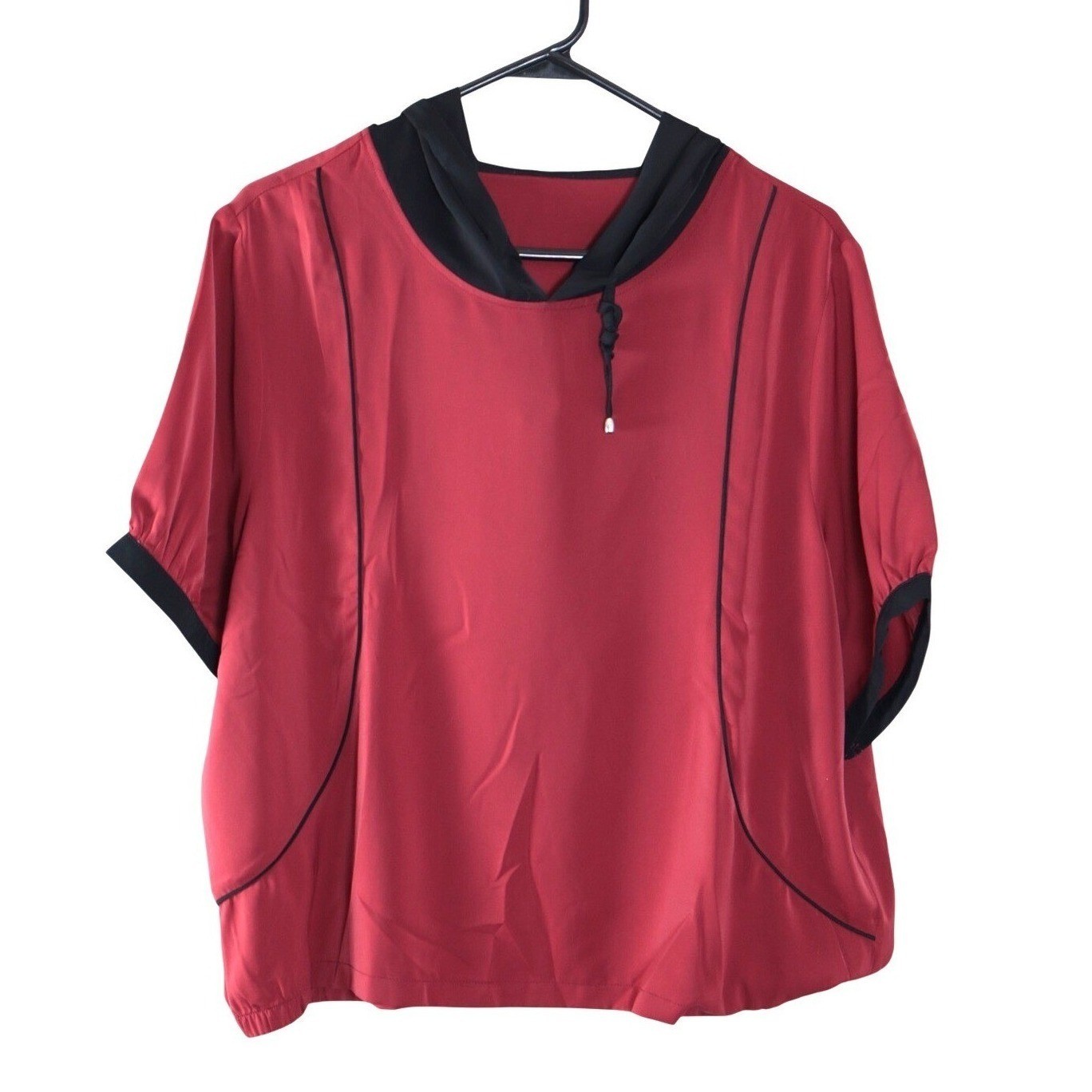 Women Silk Blend Hooded Blouse Burgundy Red Black Piping Short Sleeve Top 4XL
