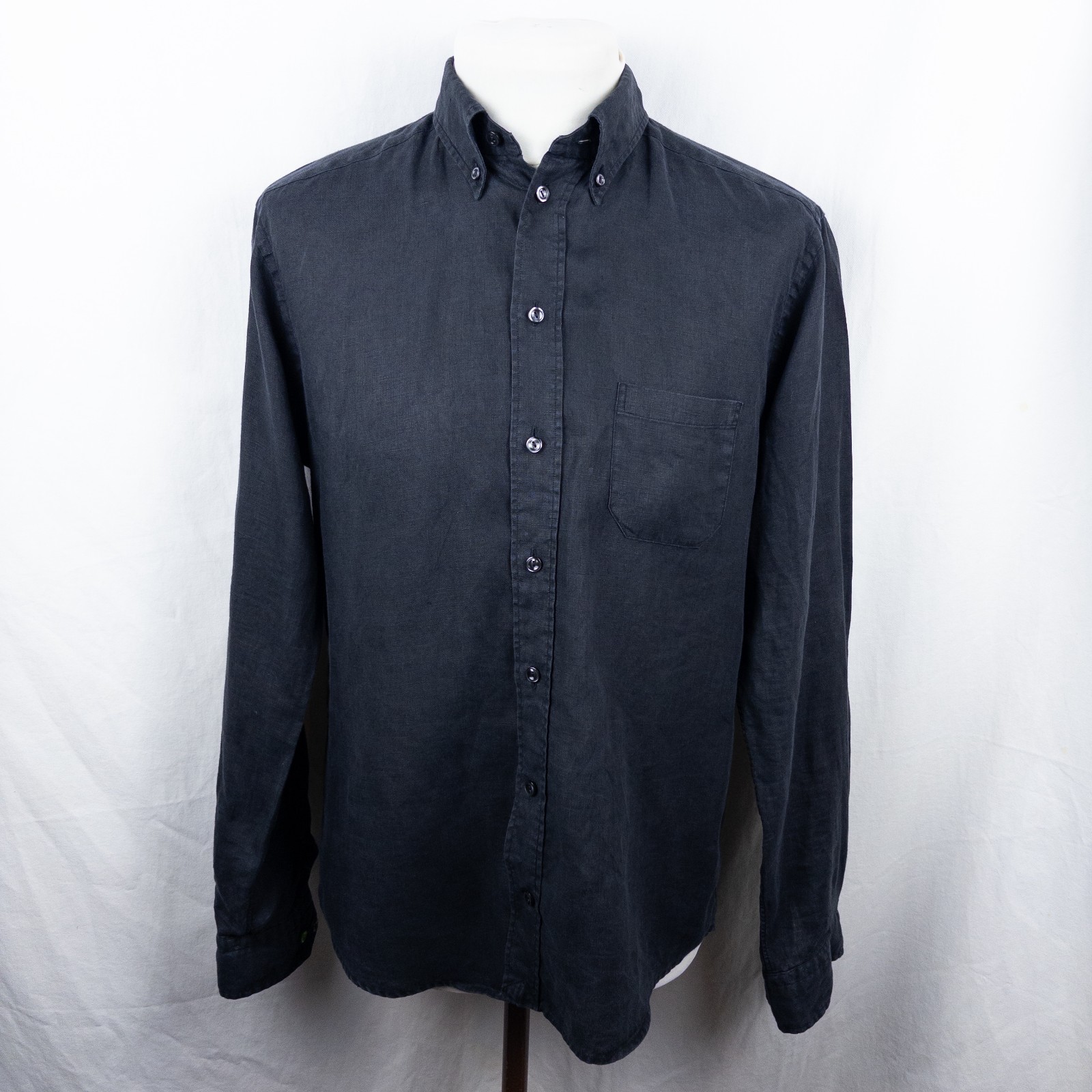 Eton Slim Fit Linen Shirt Navy Blue Button Down Made in Romania Size 41 L