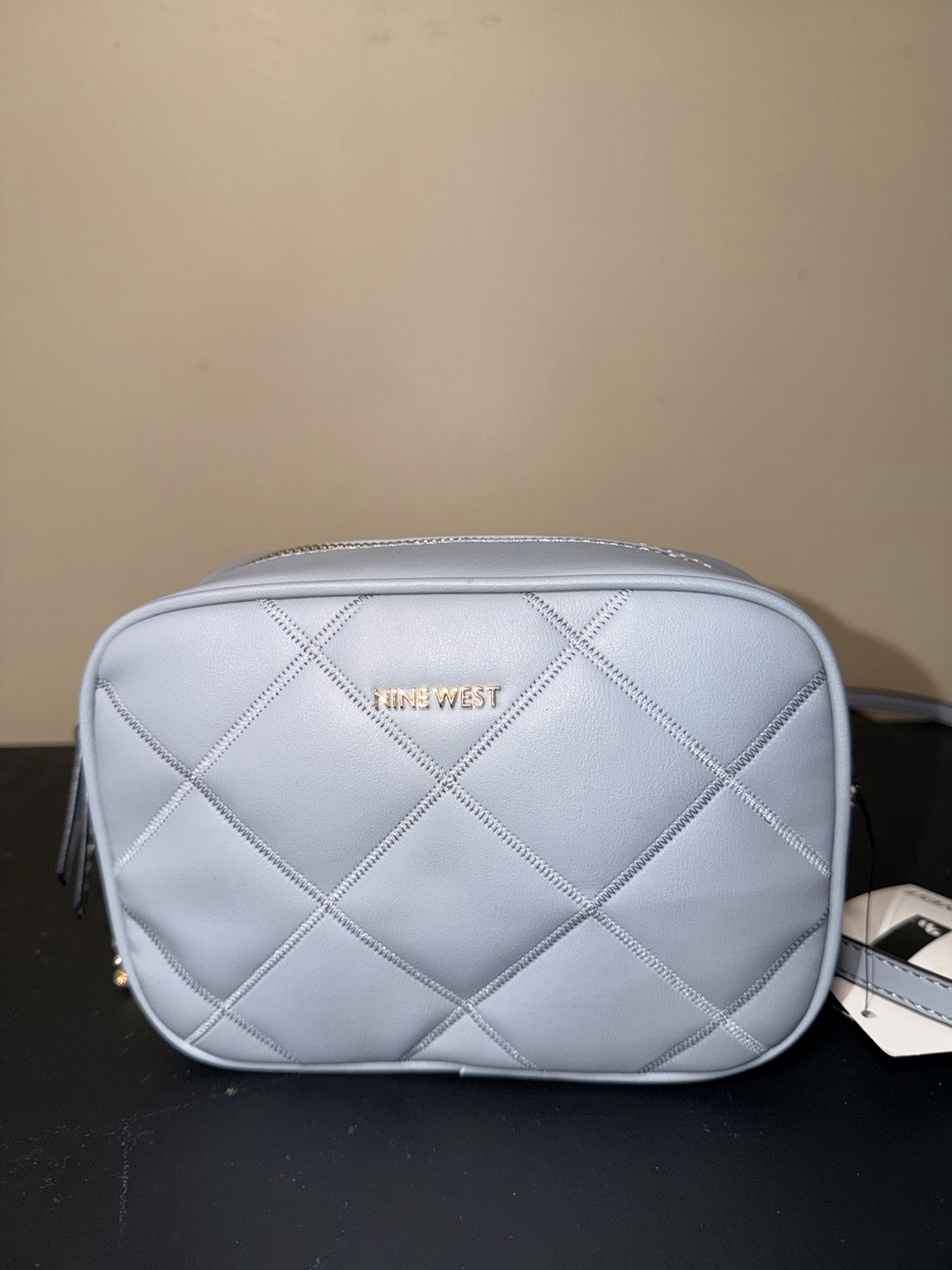 Nine West Mini Blue Quilted Crossbody Bag Zip Gold-Tone Detachable Strap
