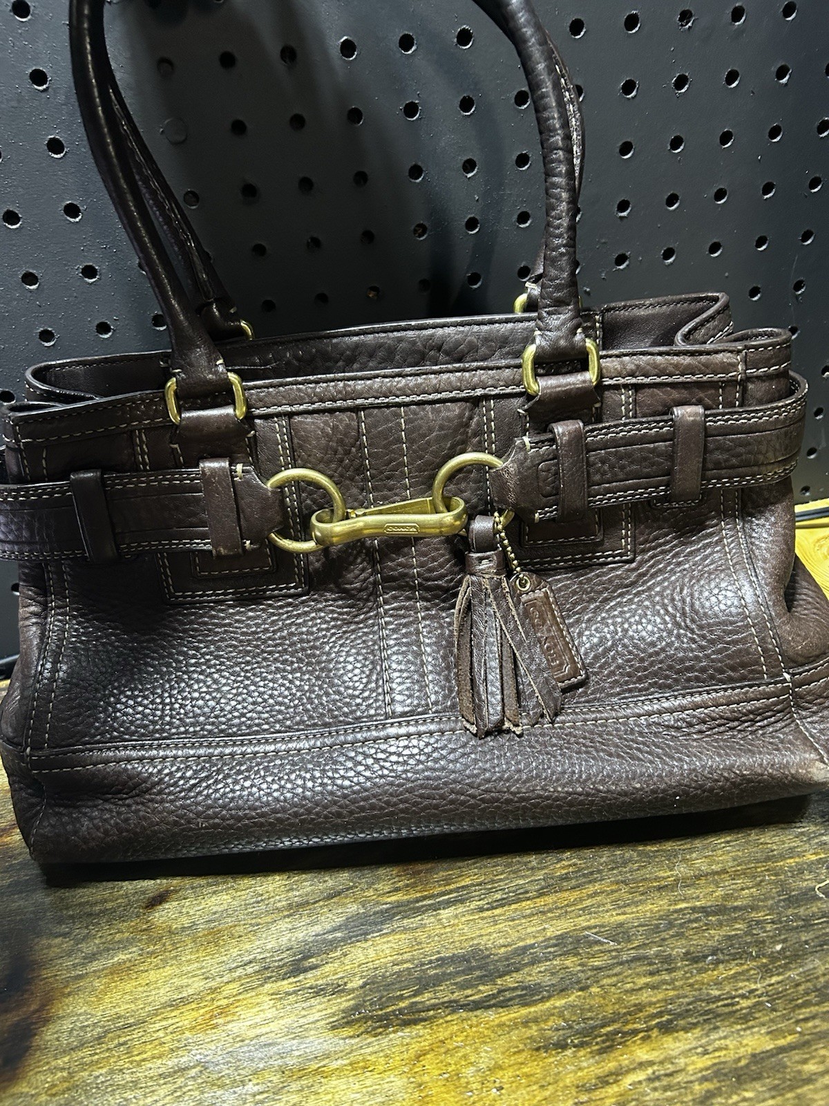 Coach Brown Pebbled Shoulder Bag Zip Lined Inner Pockets Tassel w Bag Charm