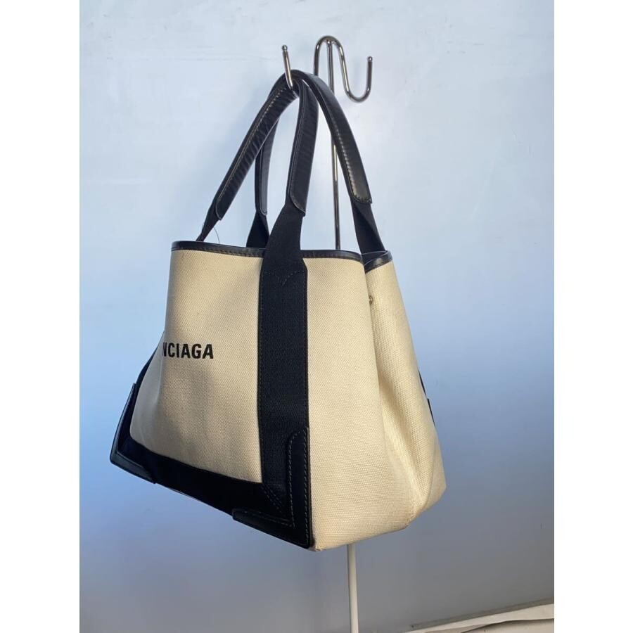 Balenciaga White Canvas Handbag Black Strap 11.6in 339933 Auth