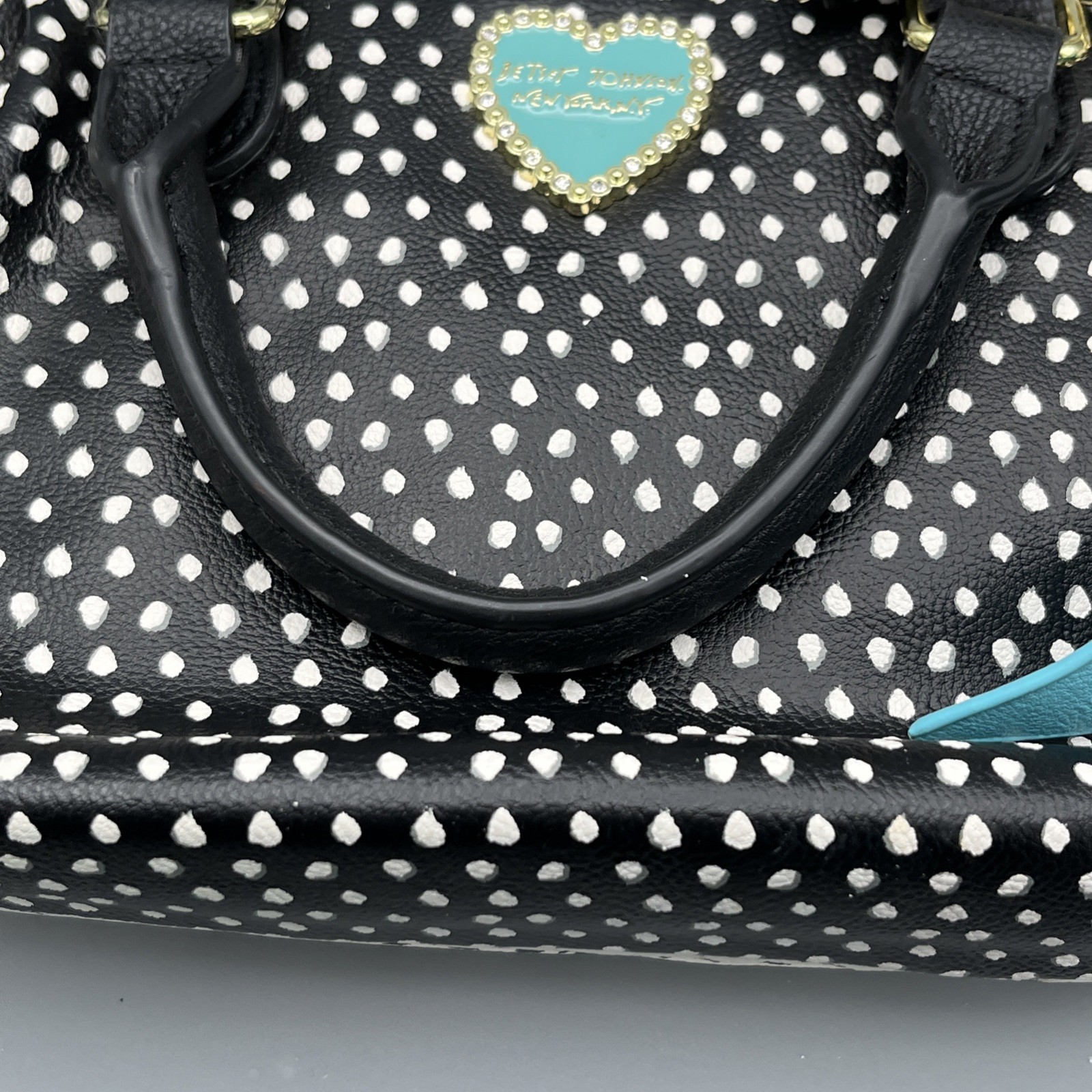 Betsey Johnson Polka Dot Shoulder Bag Purse Black & White Turquoise Bow Charm