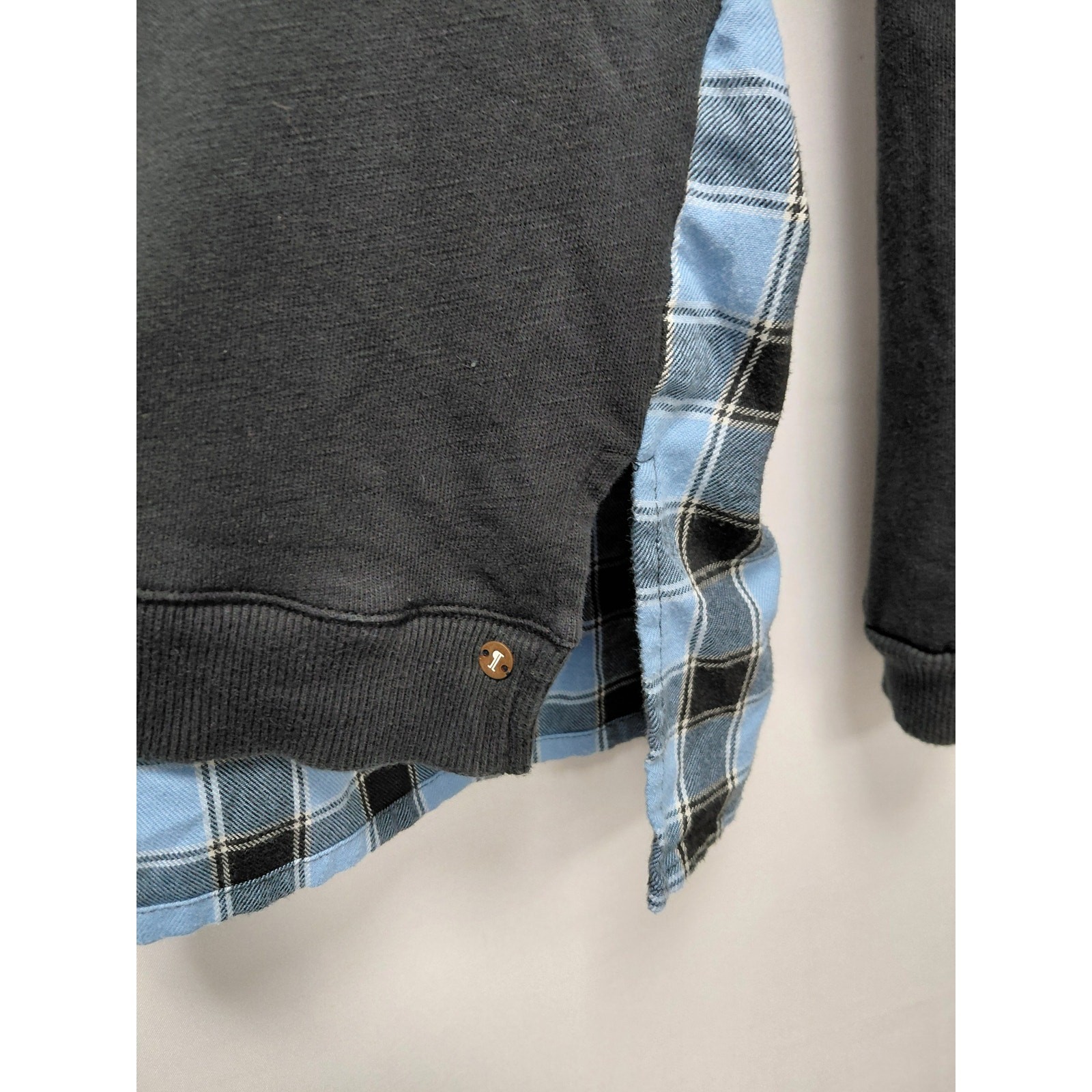 Pilcro Anthropologie Mixed Fabric Plaid Back Sweatshirt Blue Black Size XL