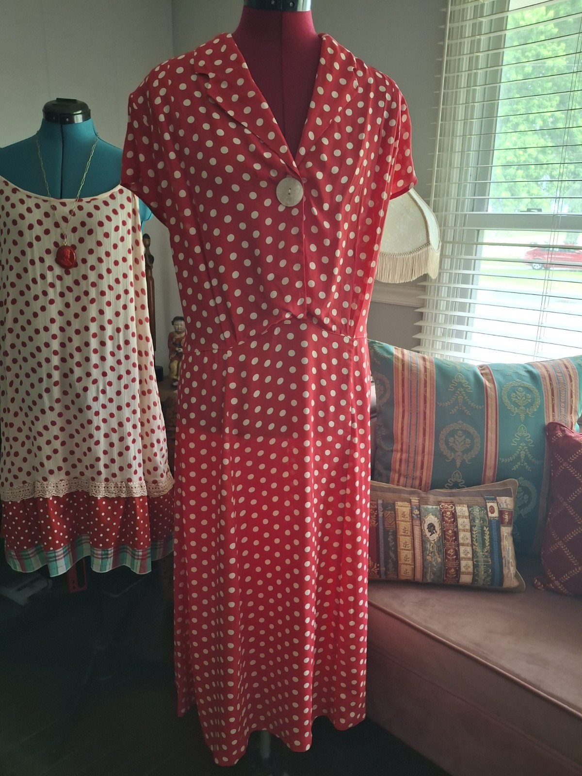 Vintage April Cornell 40s Style Red White Polkadot Dress Fit &Flare XL