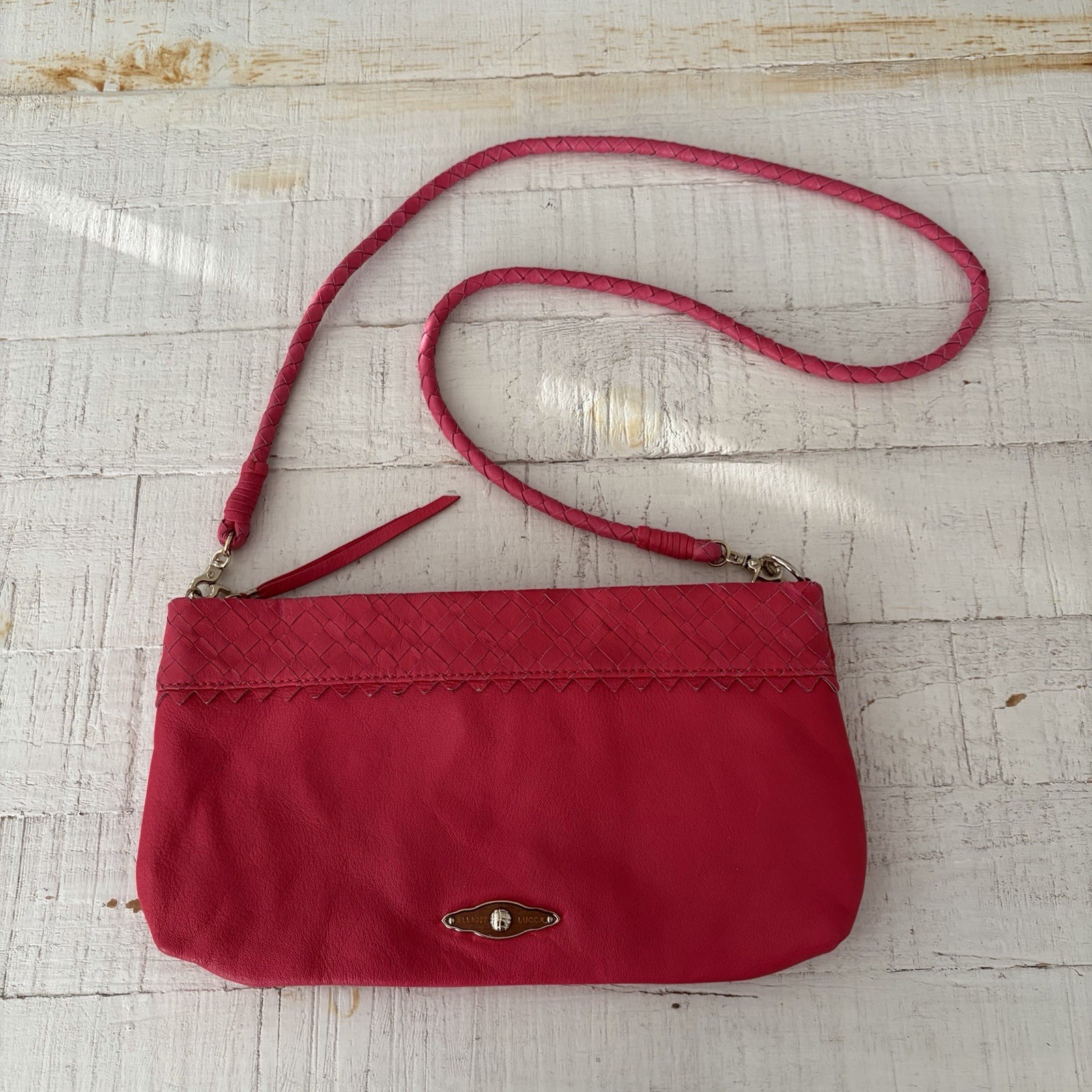 Elliott Lucca Bright Pink Leather Crossbody Clutch Purse Woven Trim