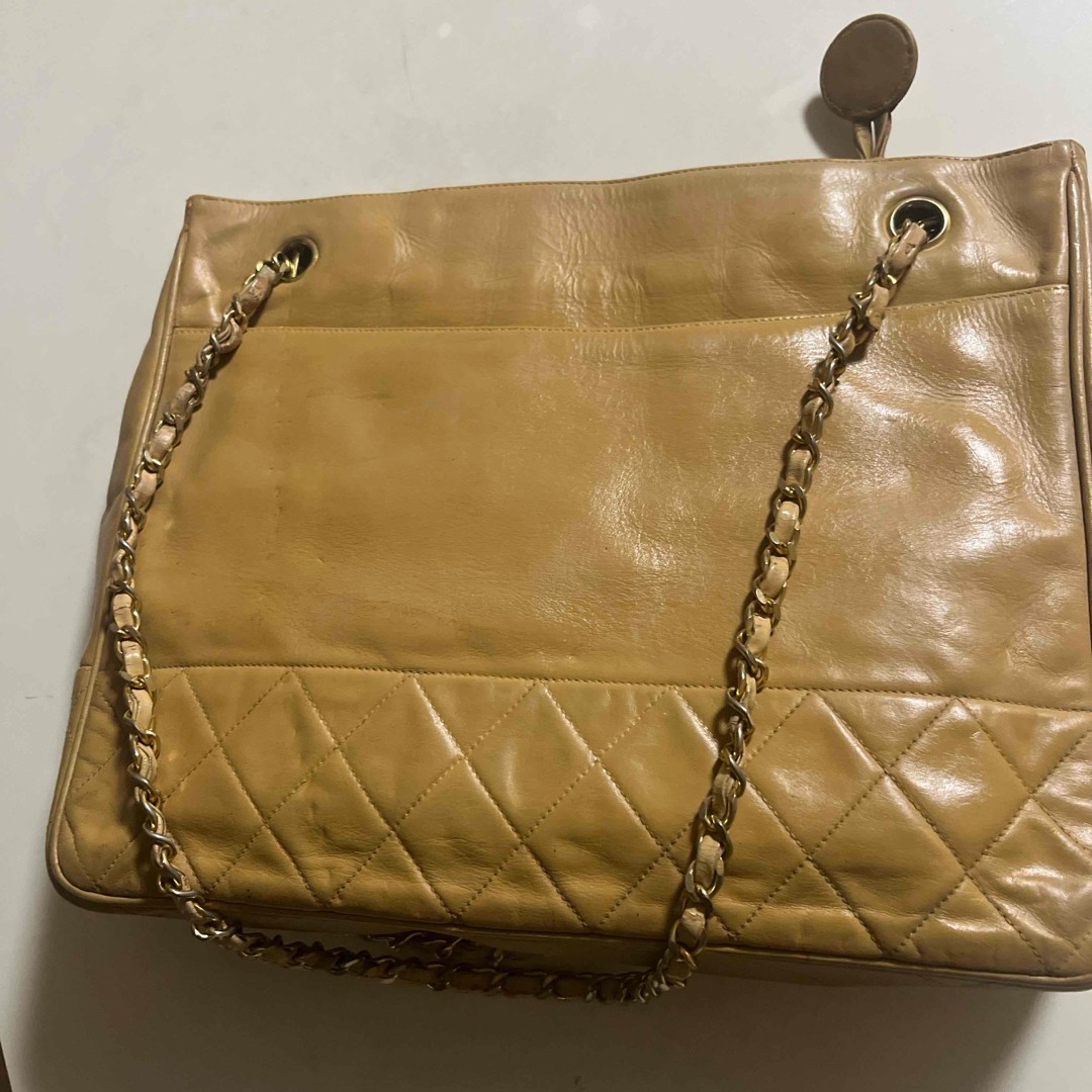 【Recolored】Chanel Matelasse Beige Chain Tote Bag Quilted Design Leather Used