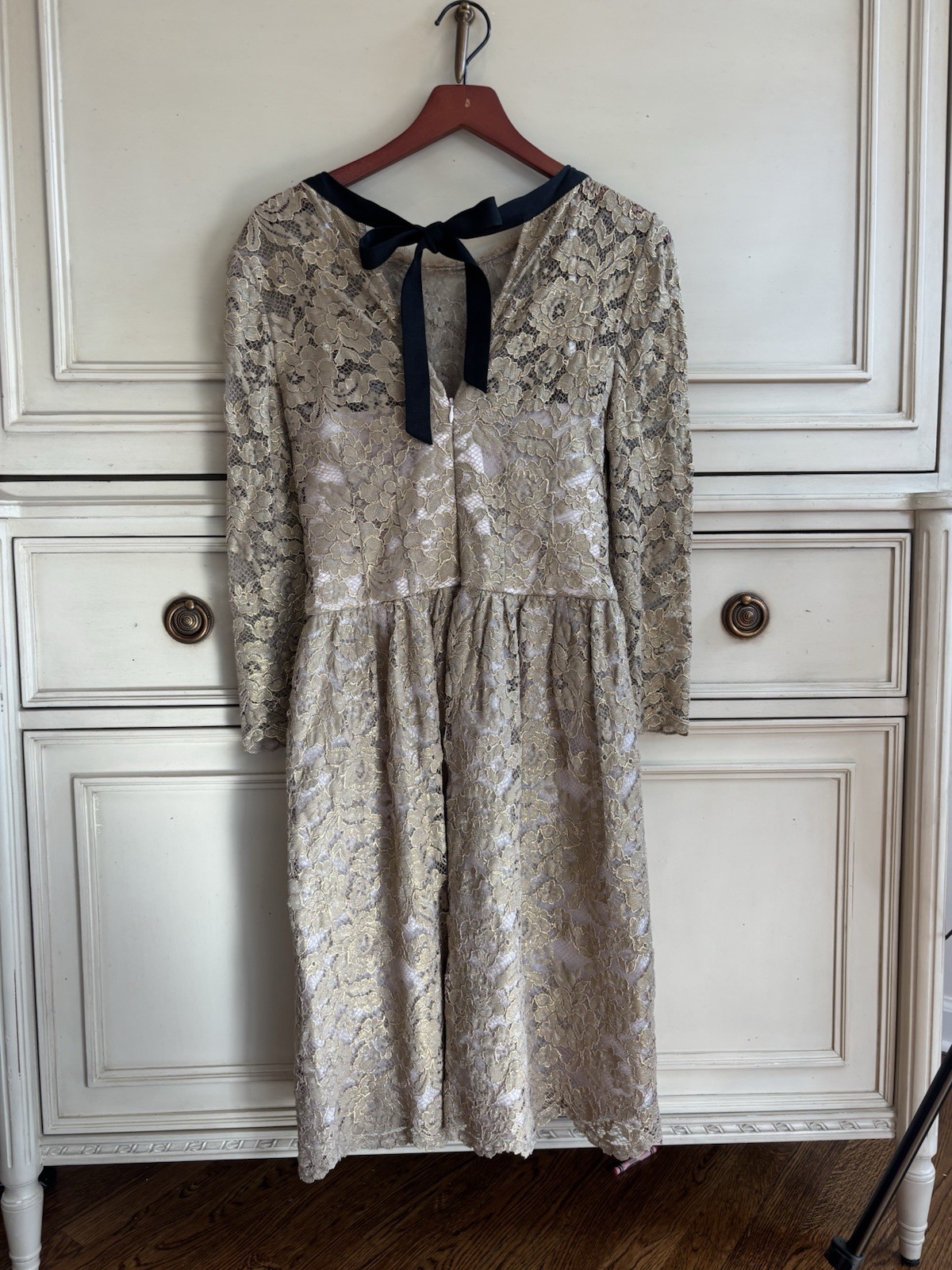 Boden Gold Lace Overlay Party Cocktail Dress Size 4 3/4 Sleeve Formal Lined