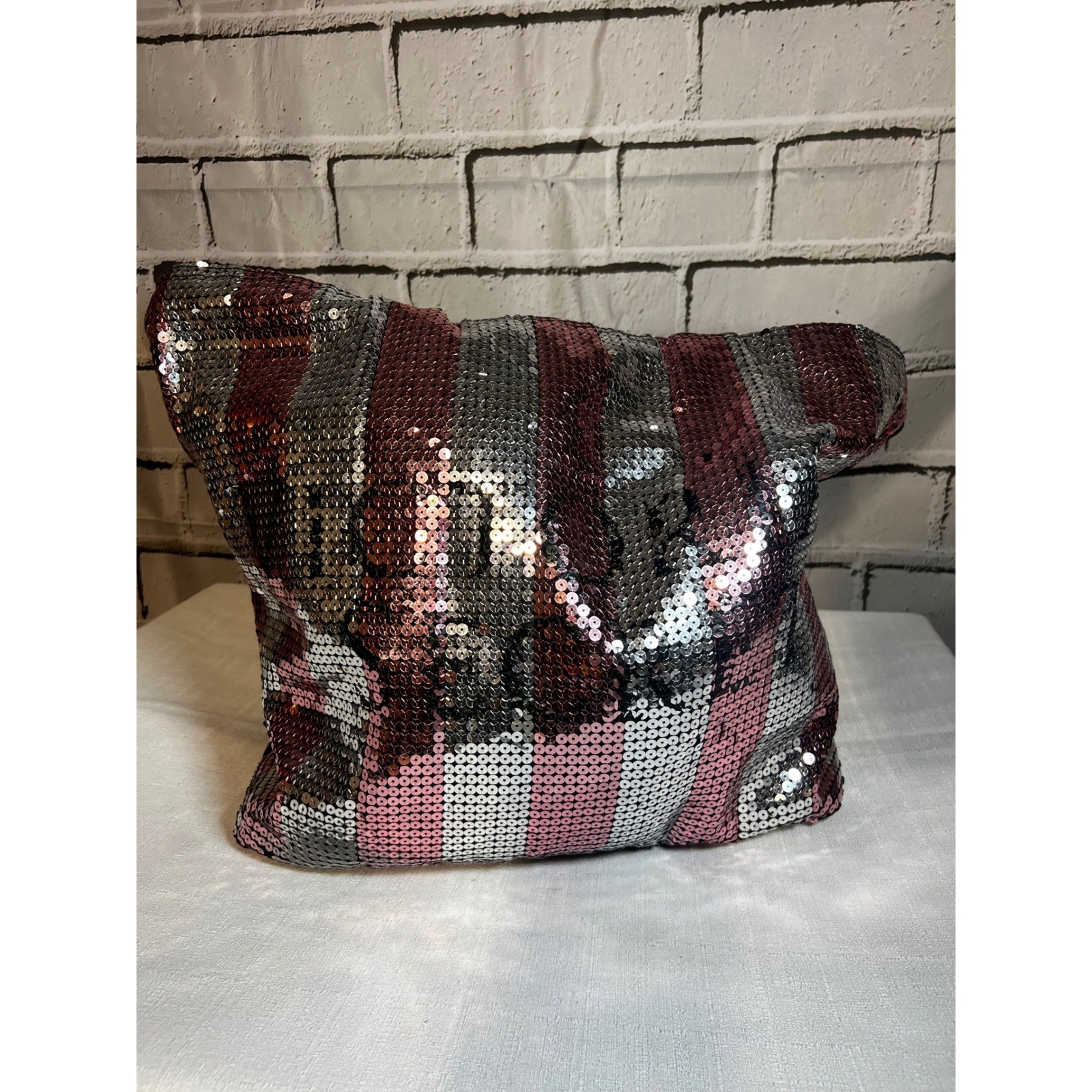 Victorias Secret PINK Sequin Tote Bag Pink Silver Striped Canvas Zipper Large