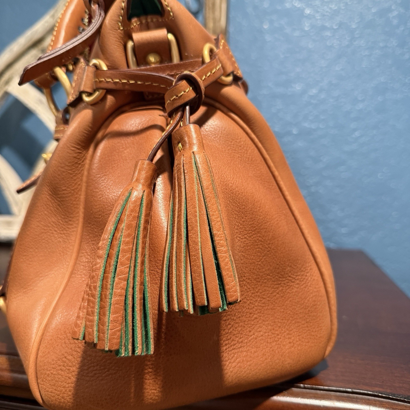 Dooney & Bourke Florentine Natural Satchel, Zip Tassel, Strap, Gold, Pockets