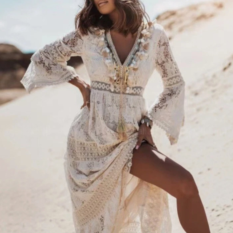 Women’s Boho Maxi Lace V Neck Flare Sleeve Dress Summer Party Beach Sundress New