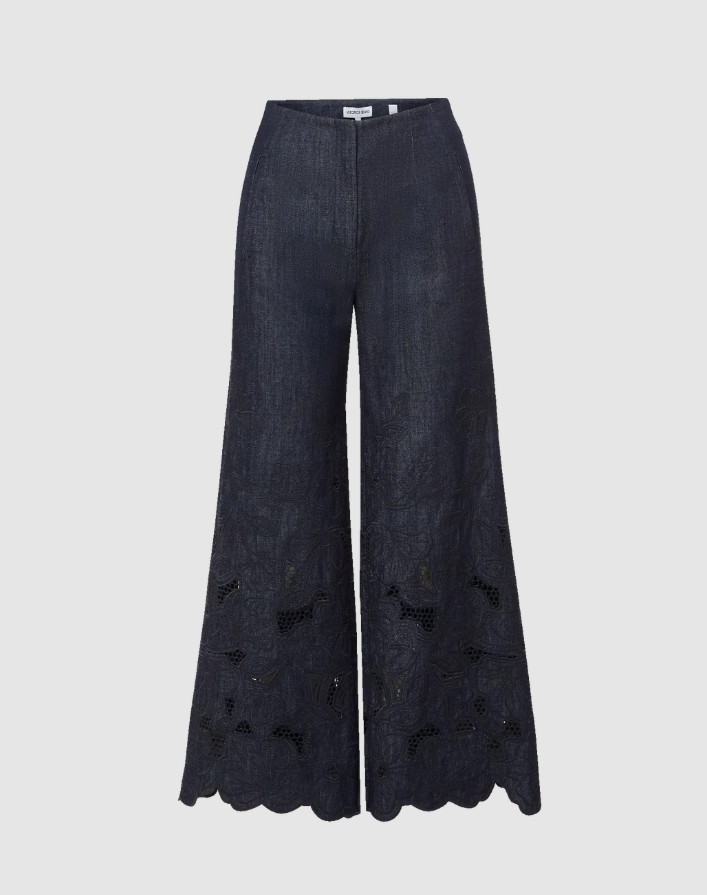 NEW VERONICA BEARD Osborne Wide-Leg Eyelet Pant Indigo Rinse 0-12