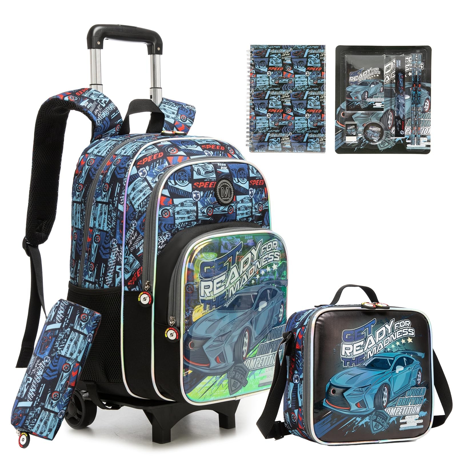 Backpack with Wheels for Boys Kids Rolling 16.5*11.8*7.9in, Black Gray Car-5