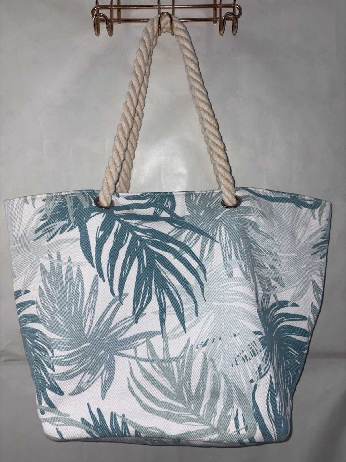 West Loop Tote Bag Tropical Palm Leaf Leaves Rope Handles Durable Fabric Teal Wh