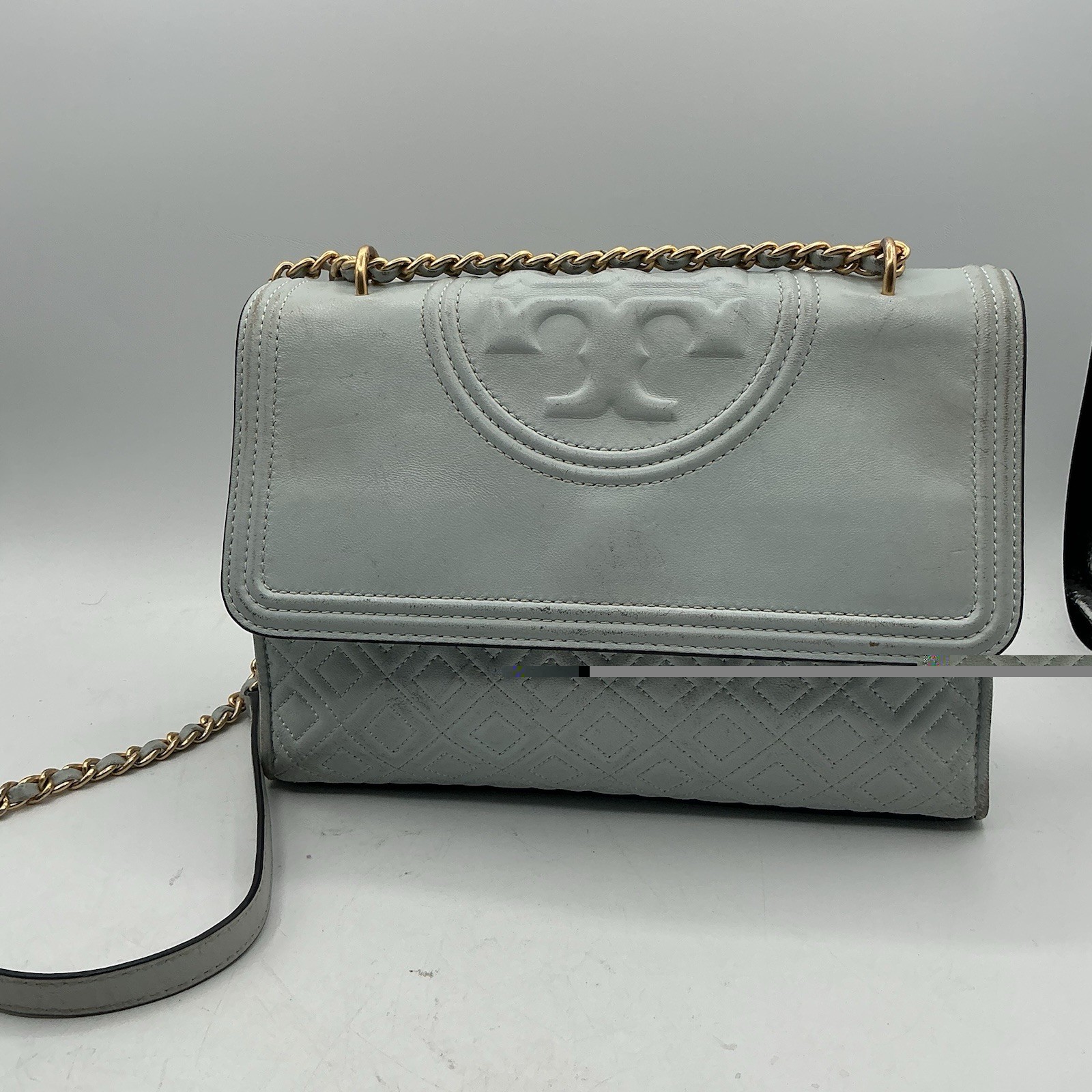 Tory Burch Fleming Light Blue Leather Quilted Chain Shoulder Crossbody Bag