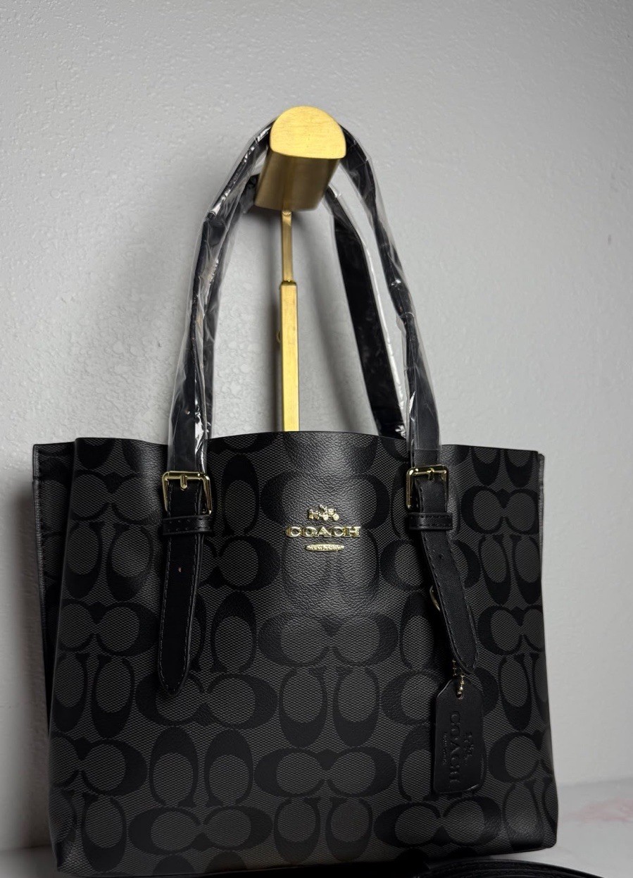 Coach Signature Logo Brown Tote Shoulder Bag Gold Hardware w/Cherry Charm