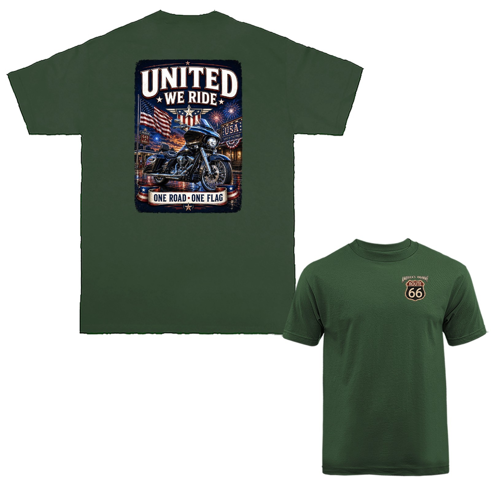 United We Ride Motorcycle American Flag One Road One Flag USA Biker T-shirt