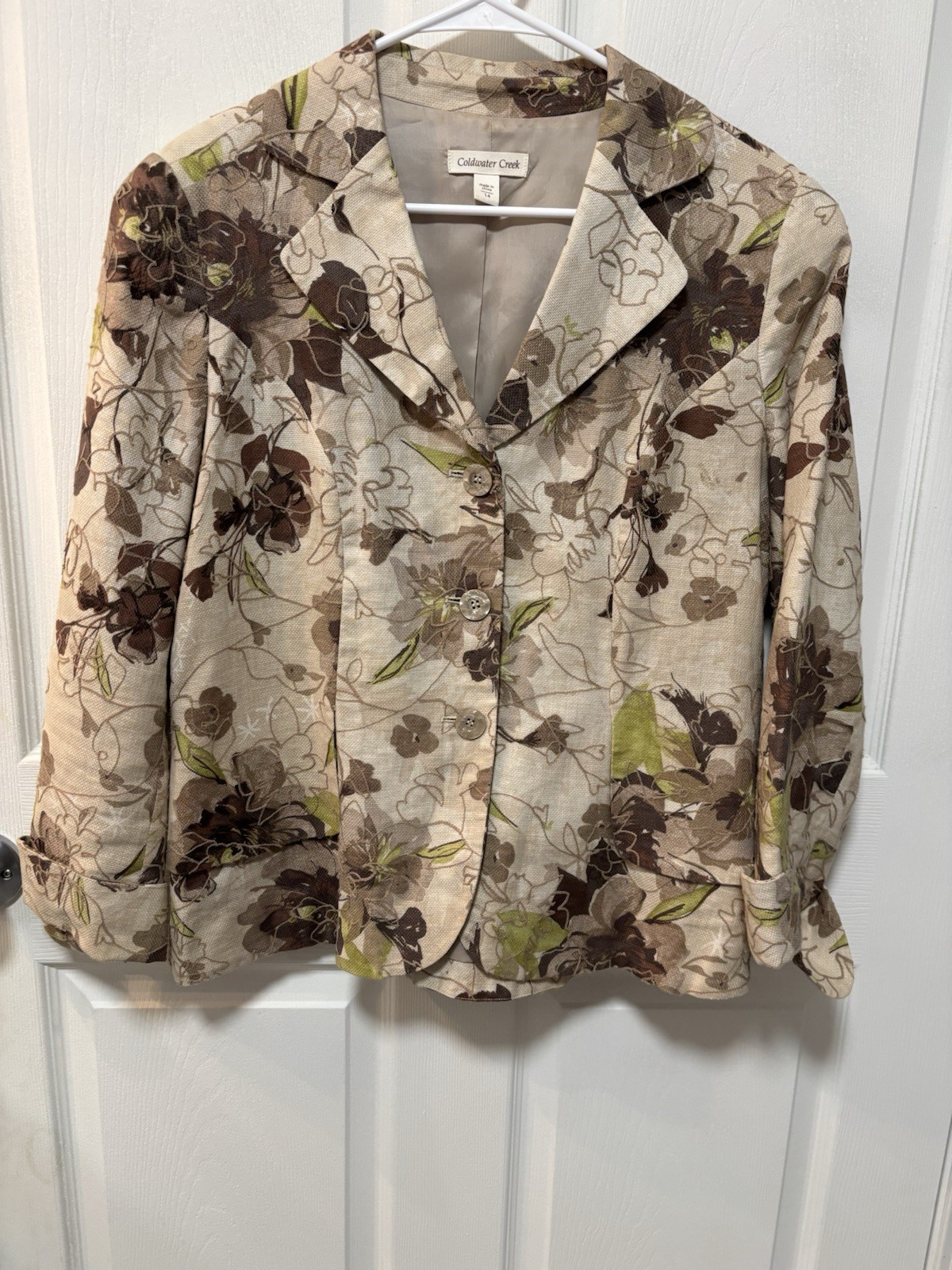 Coldwater Creek Ladies Brown Floral Jacket, Sz 14, 52% Linen, 48% Cotton