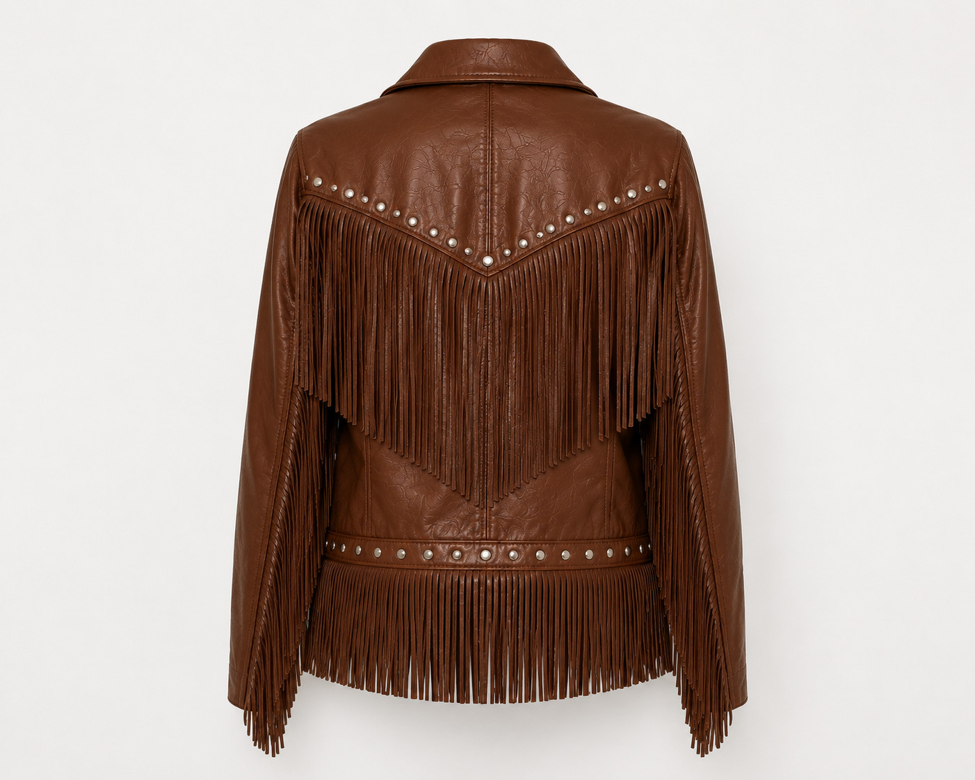 Womens Brown Leather Fringe Jacket – Western Studded Cowgirl Vintage Button Coat