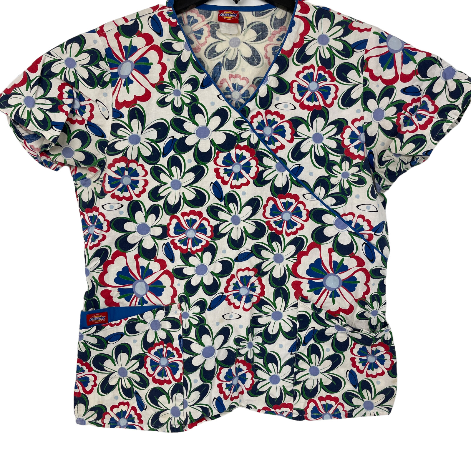 Dickies Scrub Top Womans Size S White With Multi Color Flowers Has Pockets