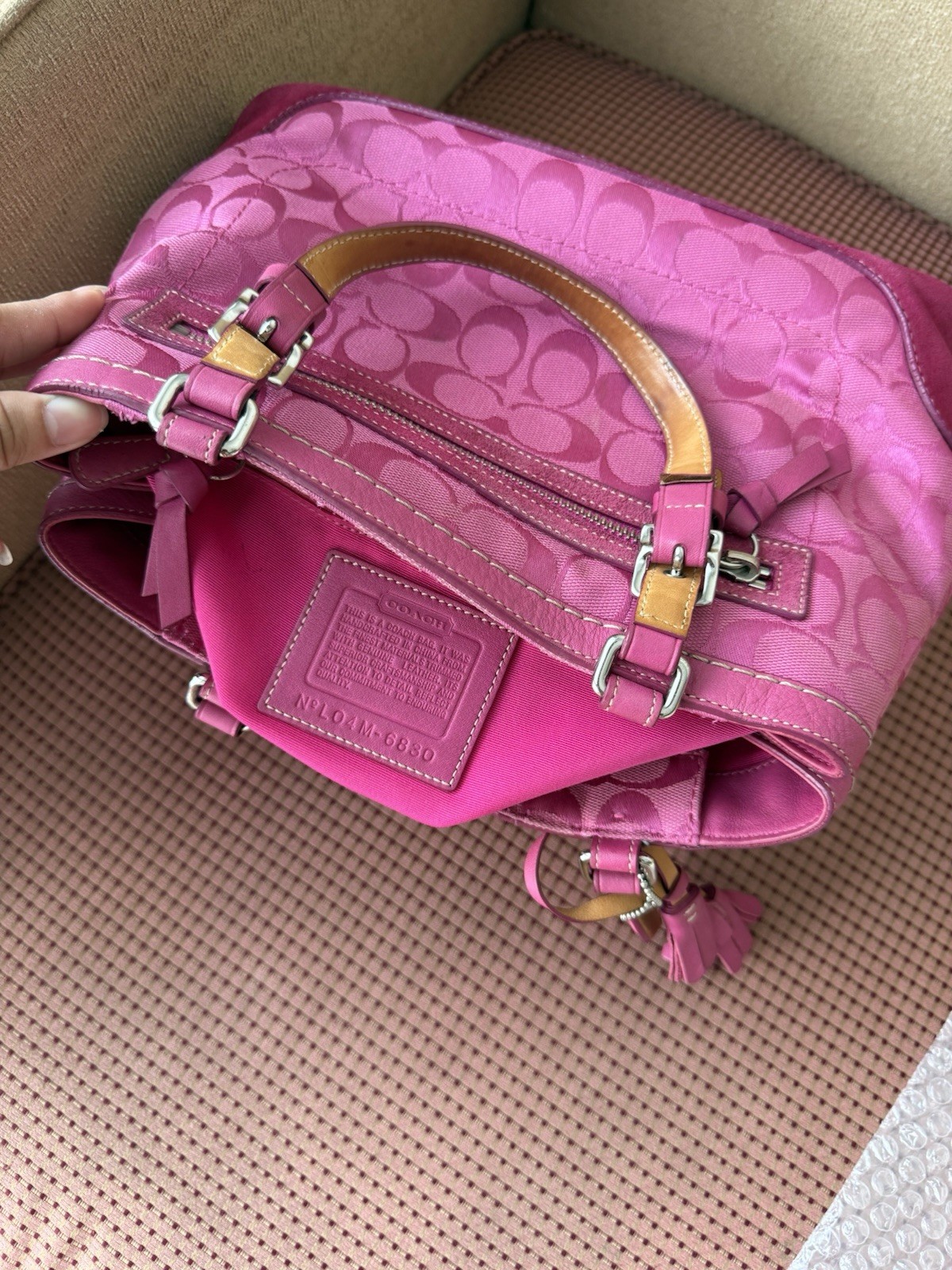 Coach Hampton Signature Satchel Pink Canvas Suede Trim 6830