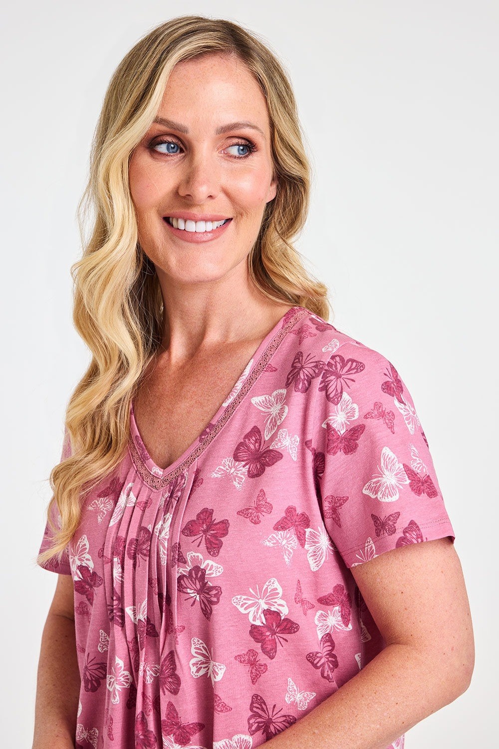 Bon Marche Size 12/14 Pink Butterfly Cotton Short Sleeve V Neck Nightdress New