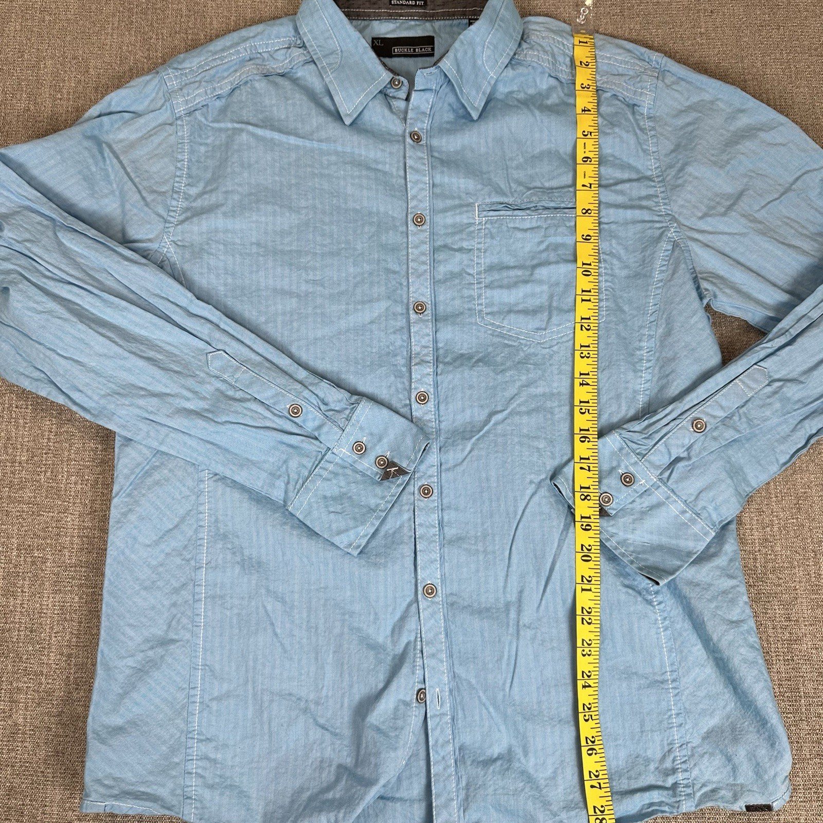 BUCKLE Black Mens XLS tandard Fit Long Sleeve Light Blue Shirt Gray Turn Cuff