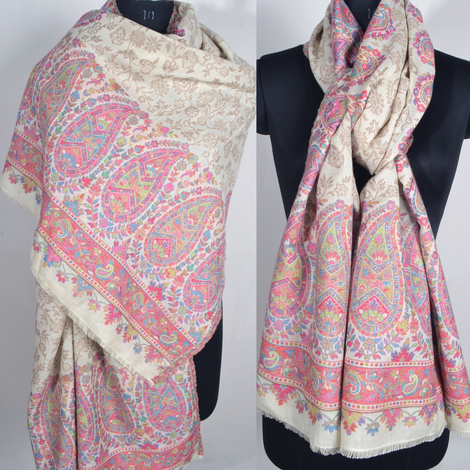 Off-White Detailed Handwoven Kani Shawl Softest 100% Cashmere Pashmina Paisley
