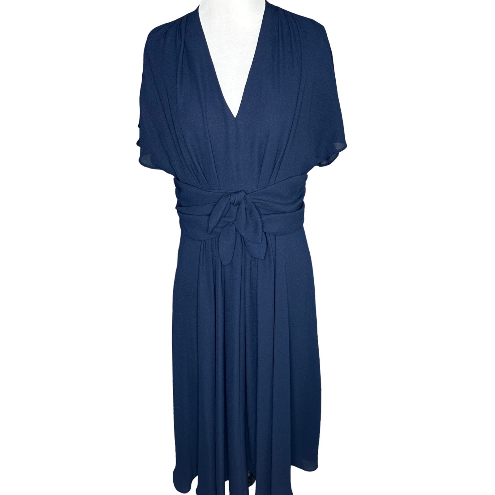 Gal Meets Glam Navy Blue Chiffon Waist Tie Bow Midi Dress Size 8 Back Zipper