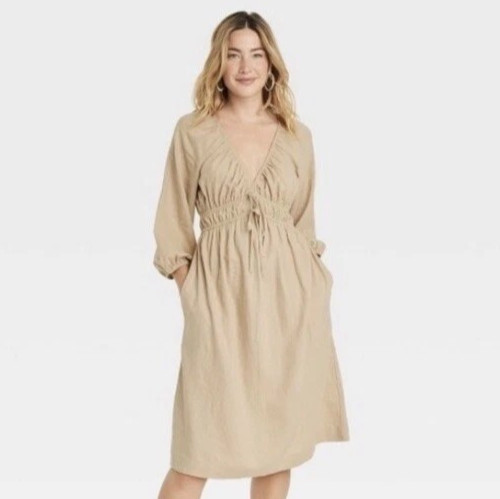 LINEN Blend Boho Cottage Midi Dress Medium M Smocked Beige Khaki Peasant Travel