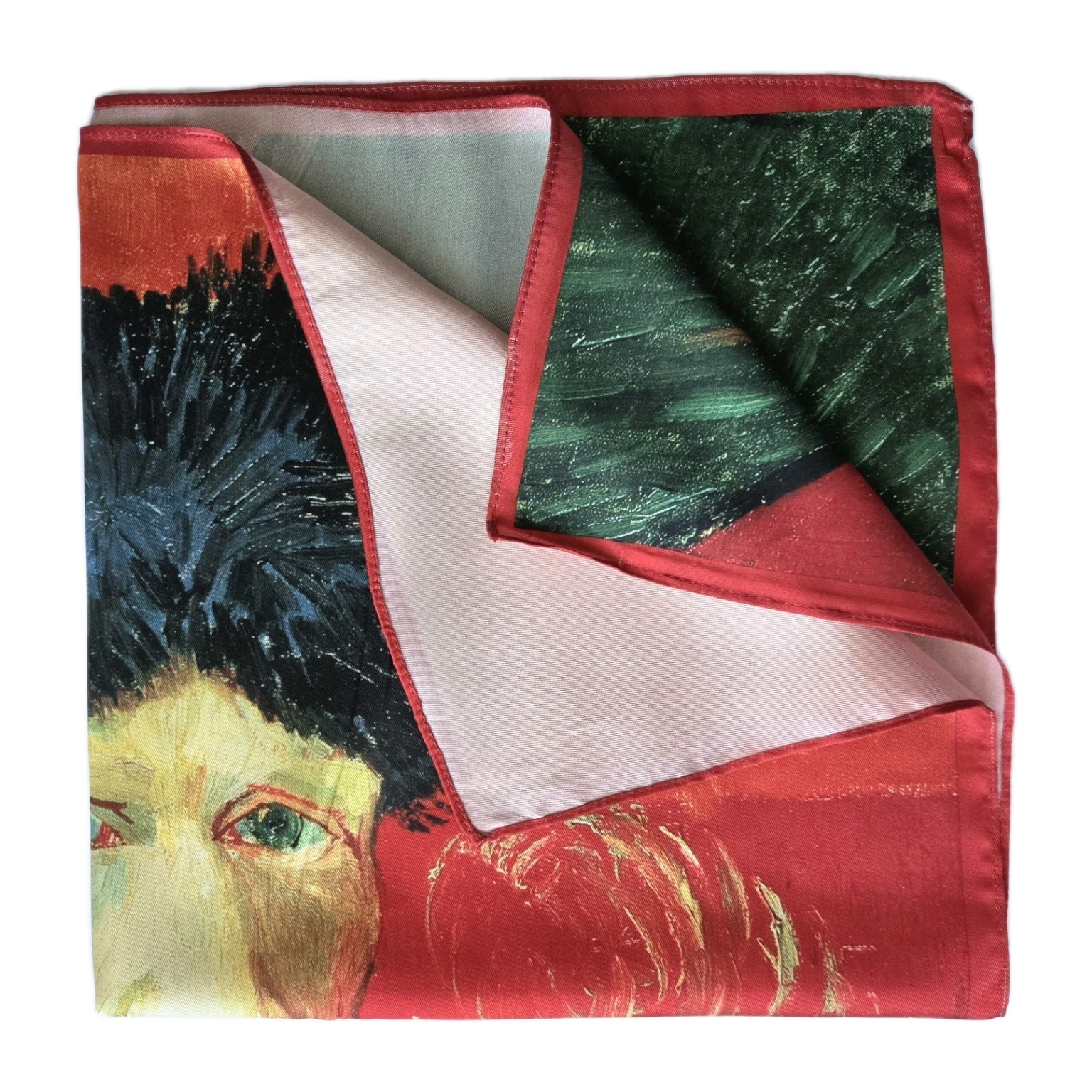 NEW Van Gogh Self Portrait Art SCARF Faux Silk Red Impressionism Man 21″ READ
