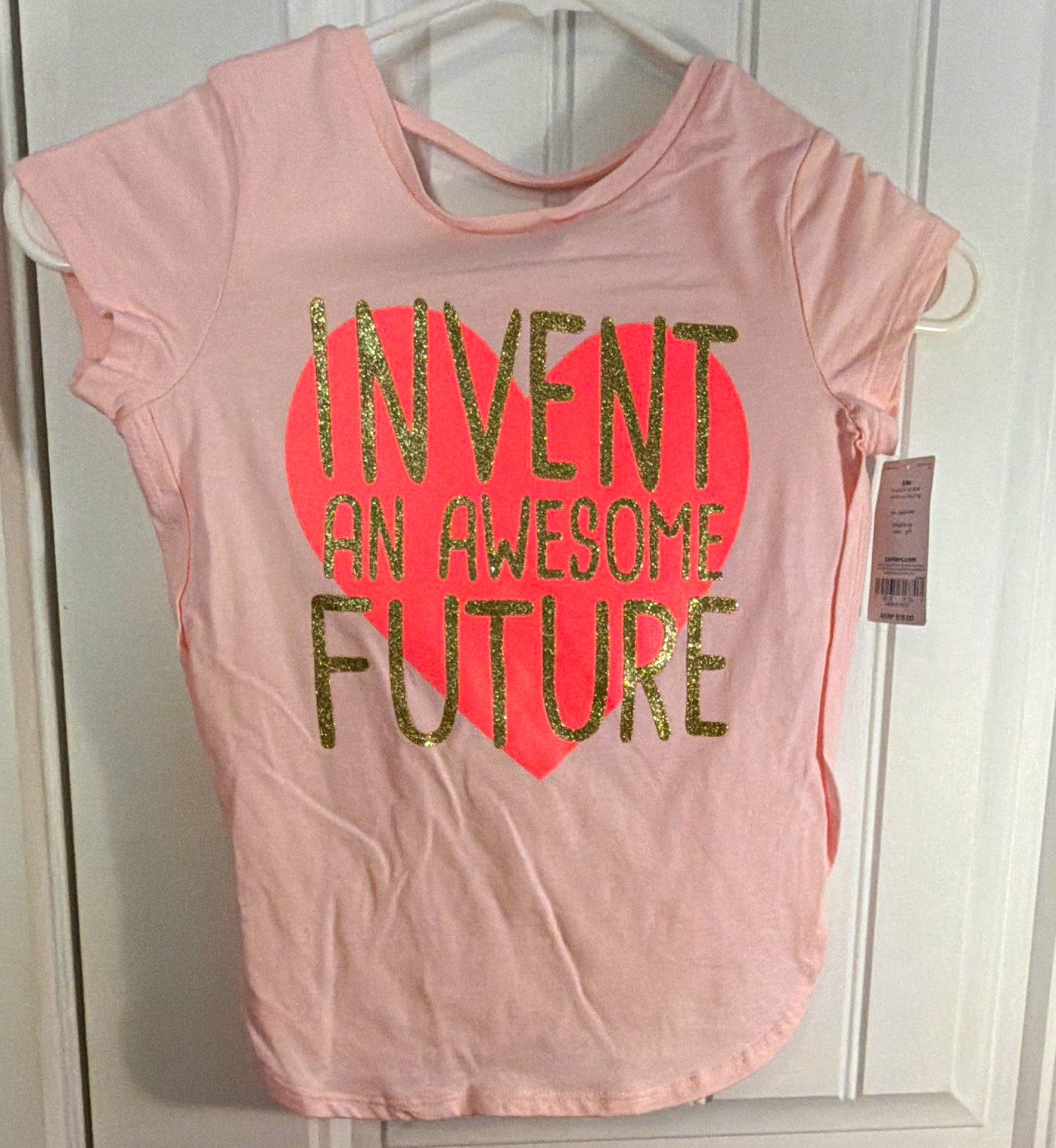 Carter’s Girls Pink Glitter Graphic Print Crew Neck Short Sleeve T-Shirt 6/6X