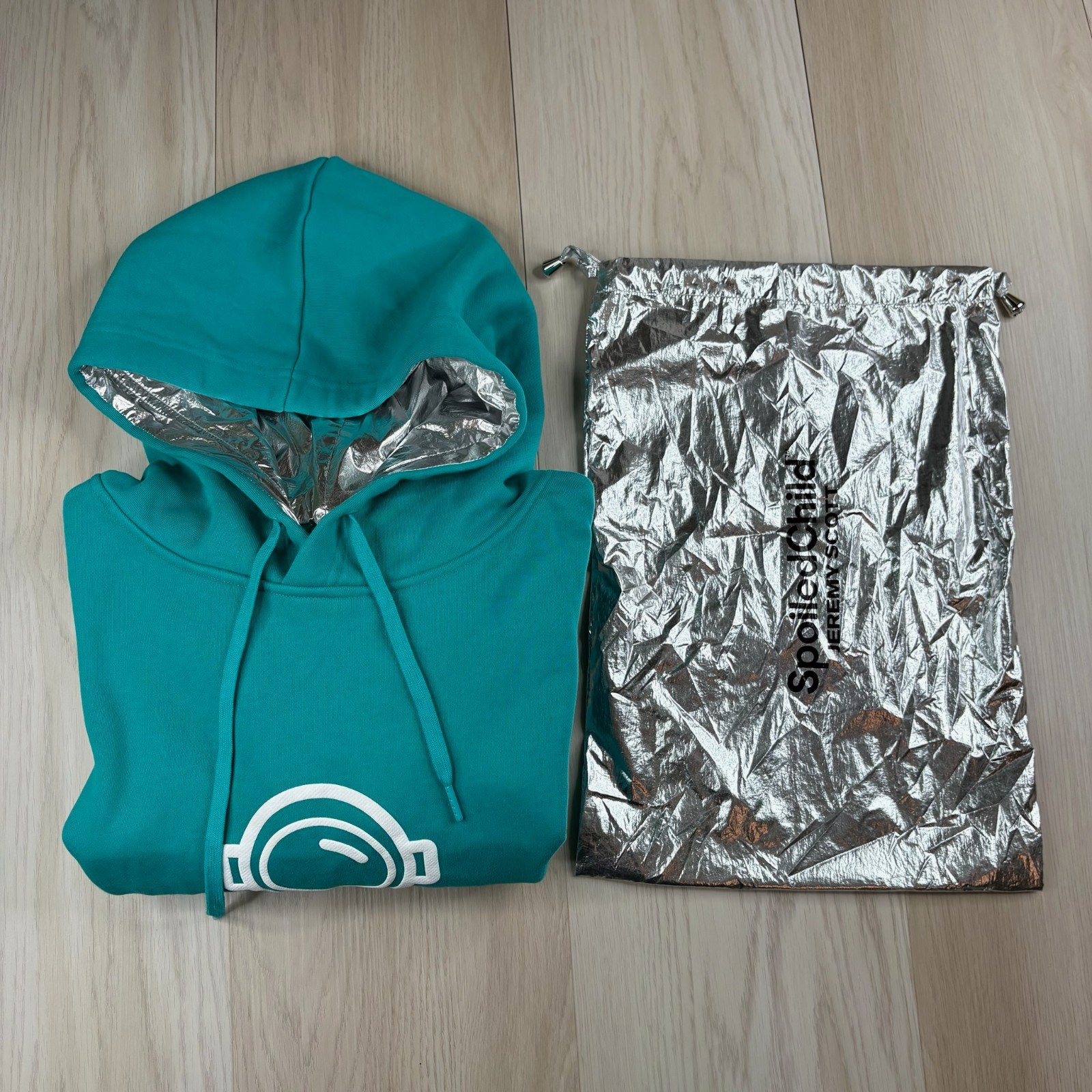 Jeremy Scott Mens Turquoise Blue Spoiled Child The Explorer Pullover Hoodie Sz L