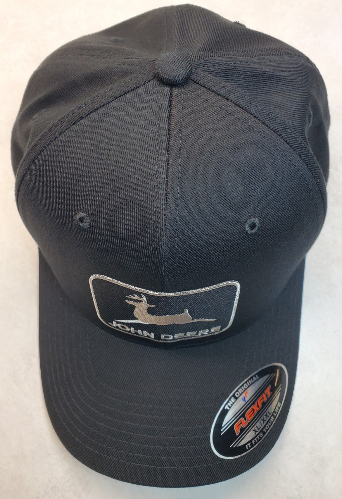 XXL / John Deere Black Patch on Flexfit Style 6277 Hat / Black 7 5/8″ – 8″