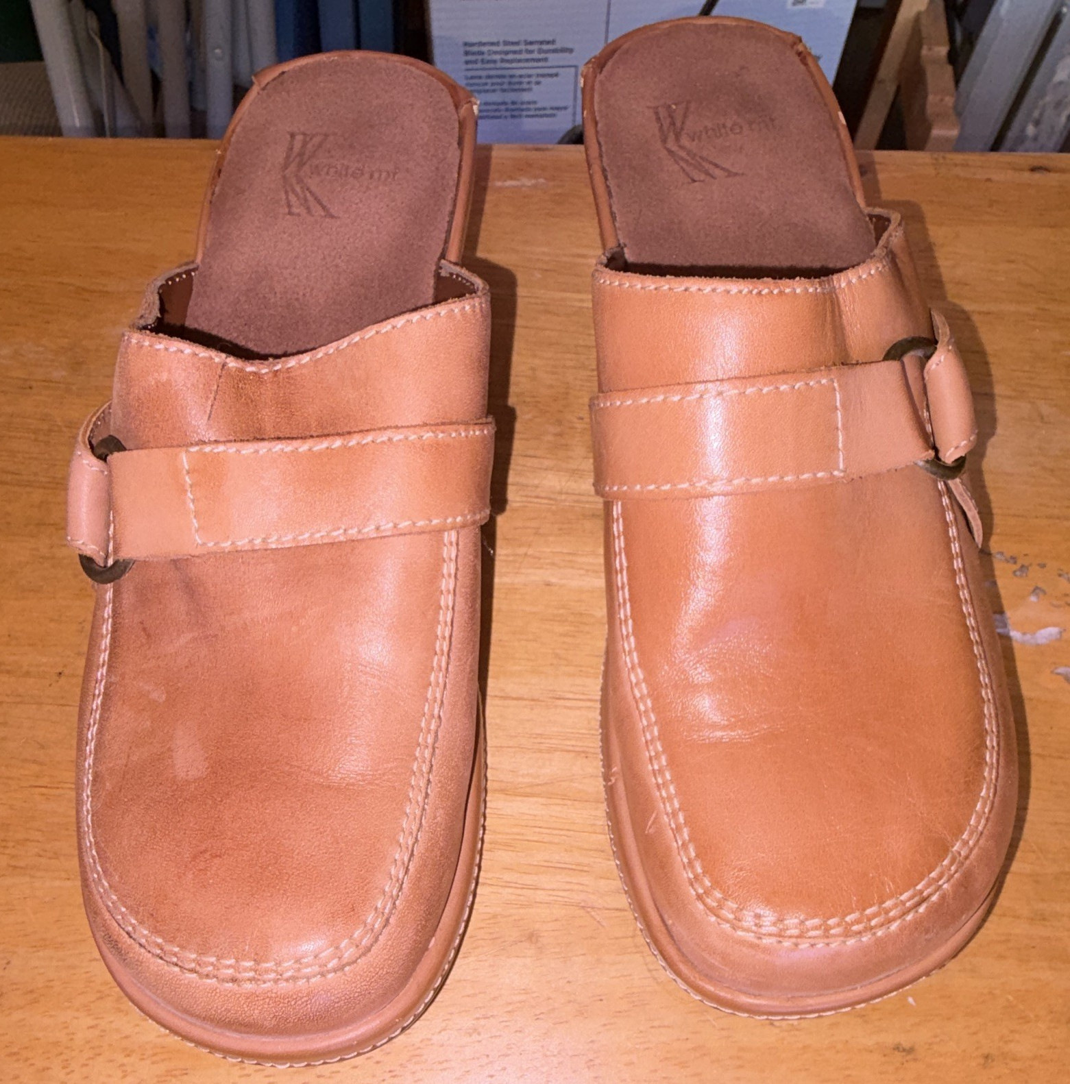 Women’s Brown Leather Mule Heels Slip-On Closed Toe Buckle Straps, US 7.5M
